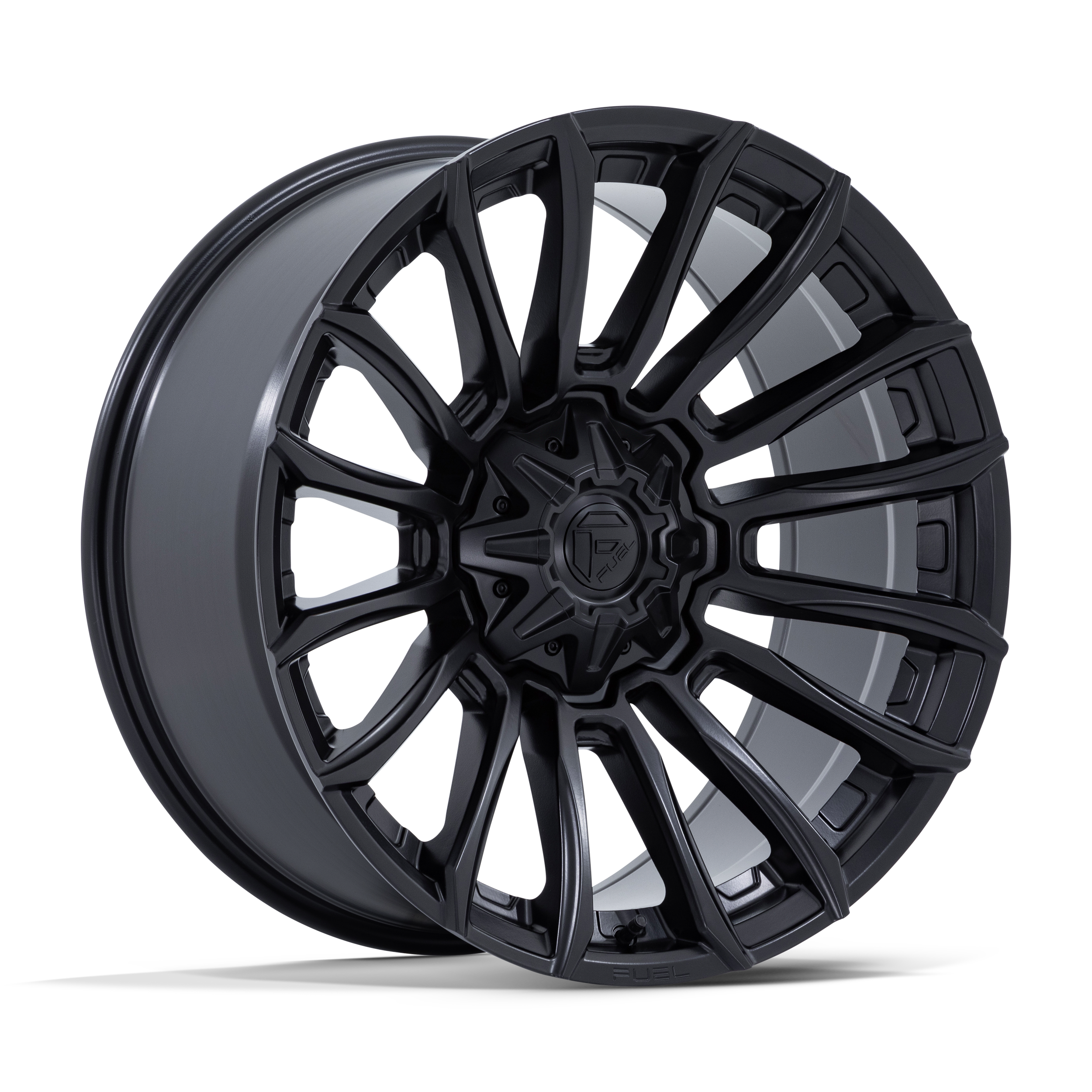 A black, multi-spoke car wheel rim with a metallic finish, displayed against a black background.