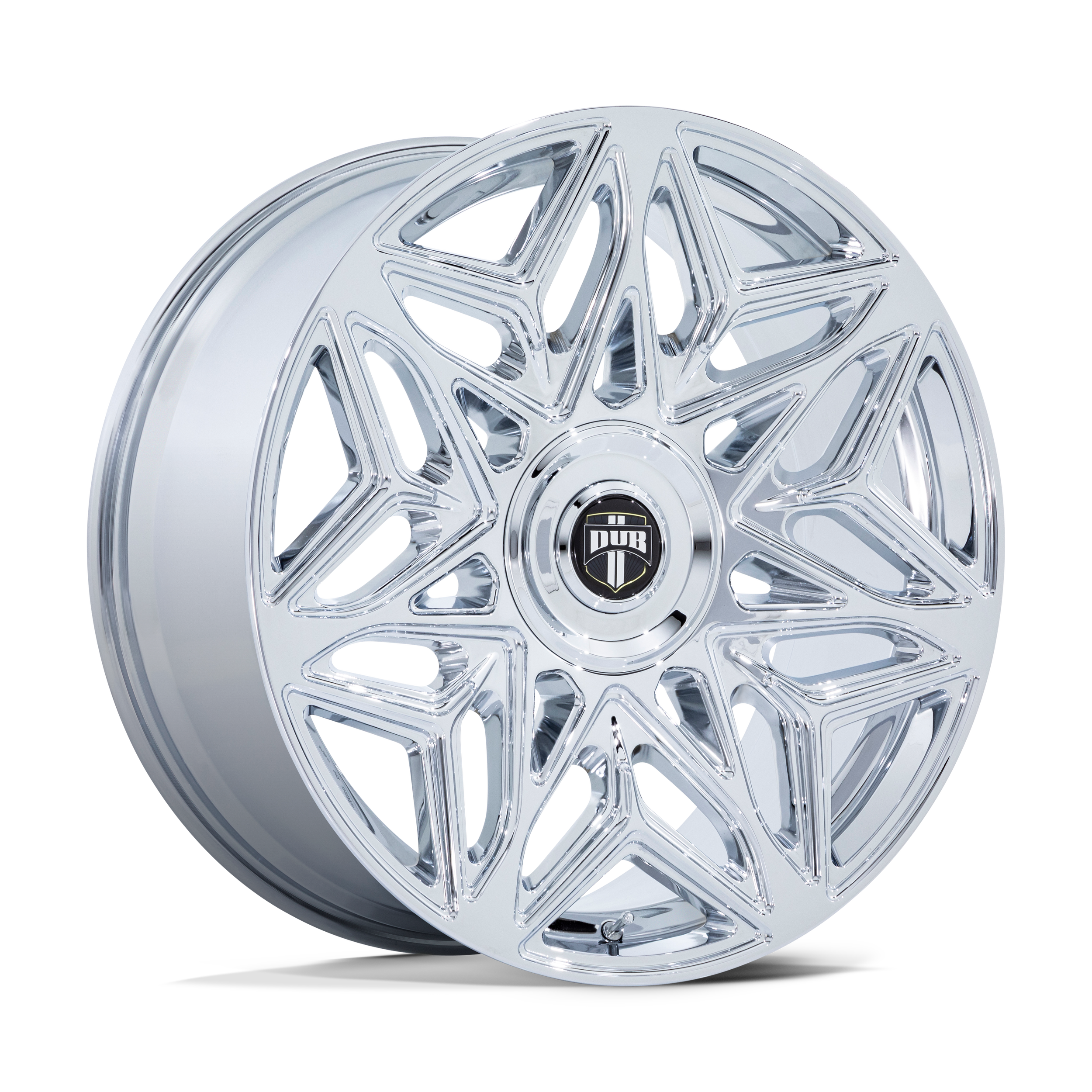 Shiny silver car wheel rim with intricate geometric design and a central hub featuring a black and gold logo.