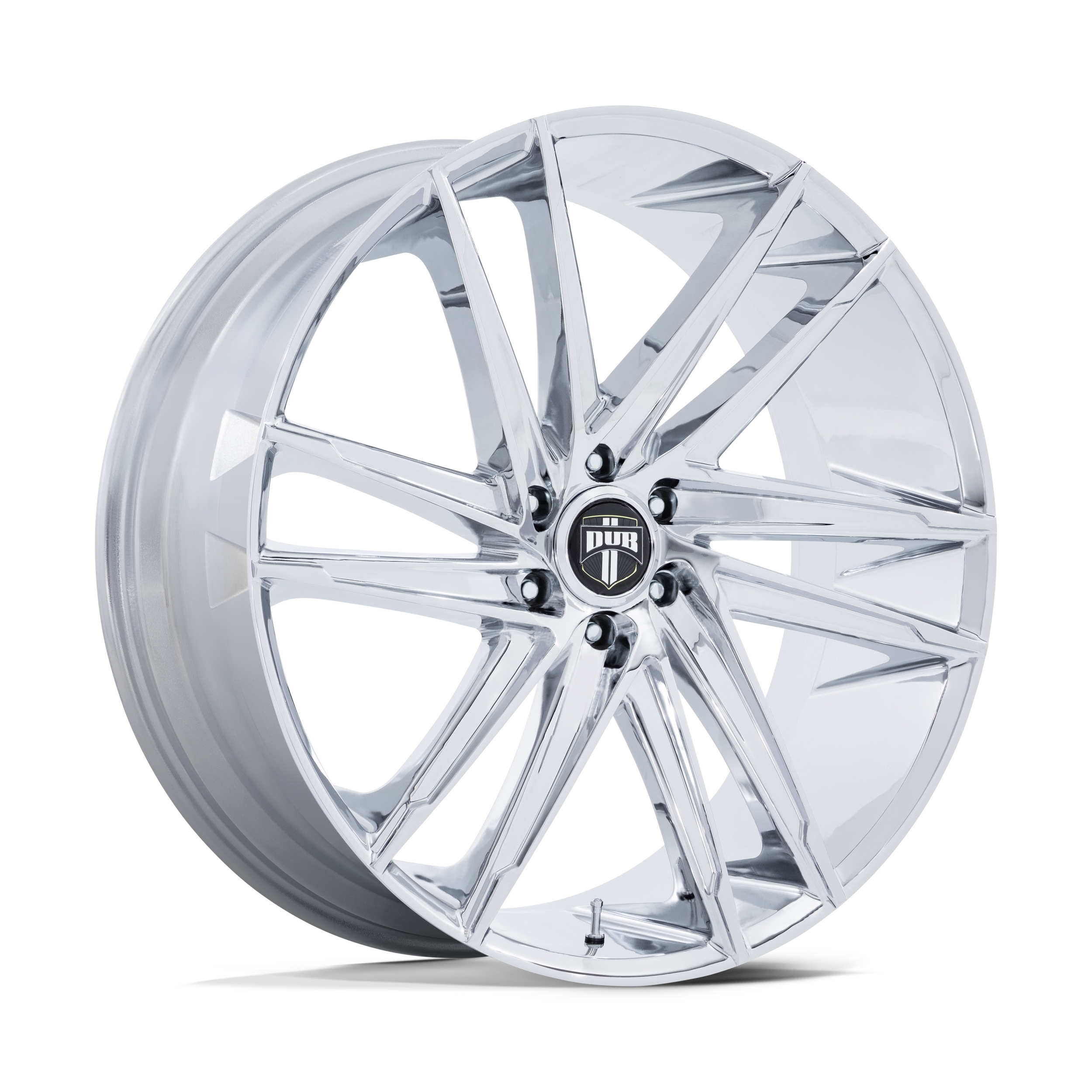 A shiny, chrome-finished car wheel rim with multiple spokes and a central hub featuring a black and silver DUB logo.