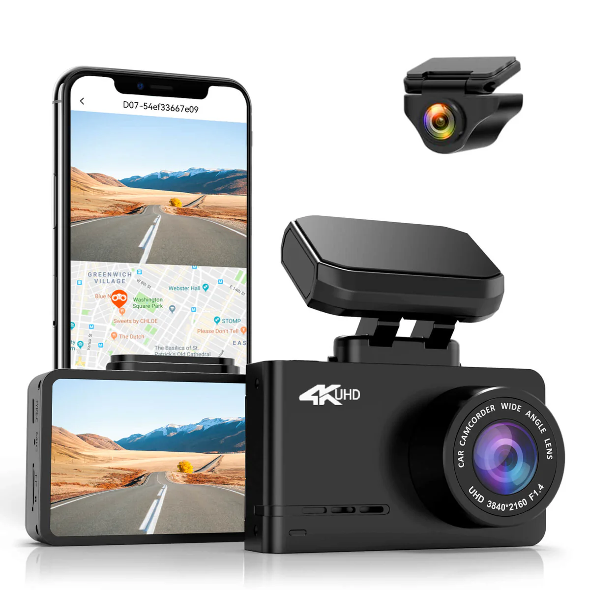 A dashboard camera setup with a 4K Ultra HD dash cam, a GPS camera, a rear view camera, and two smartphones displaying a scenic road with mountains, a tree, and a map with a location pin.