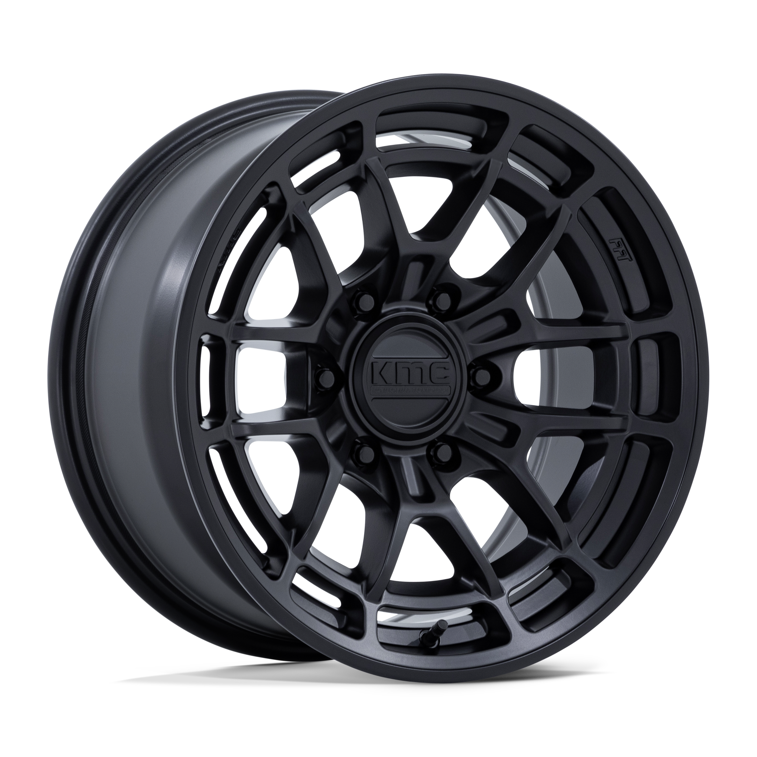 Black multi-spoke car wheel rim with the KMC logo in the center, isolated on a transparent background.