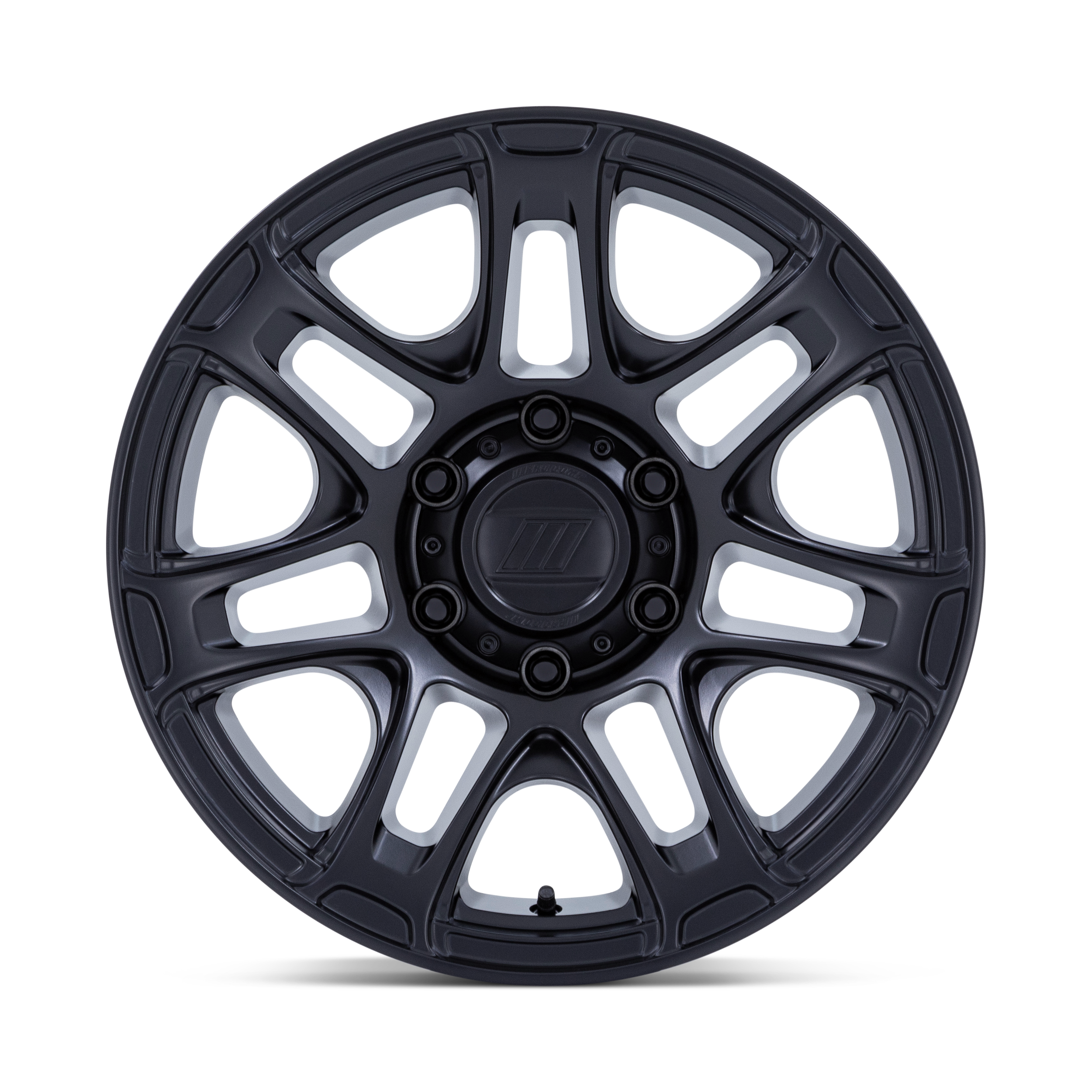Black multi-spoke car wheel rim with central hub and lug nut holes