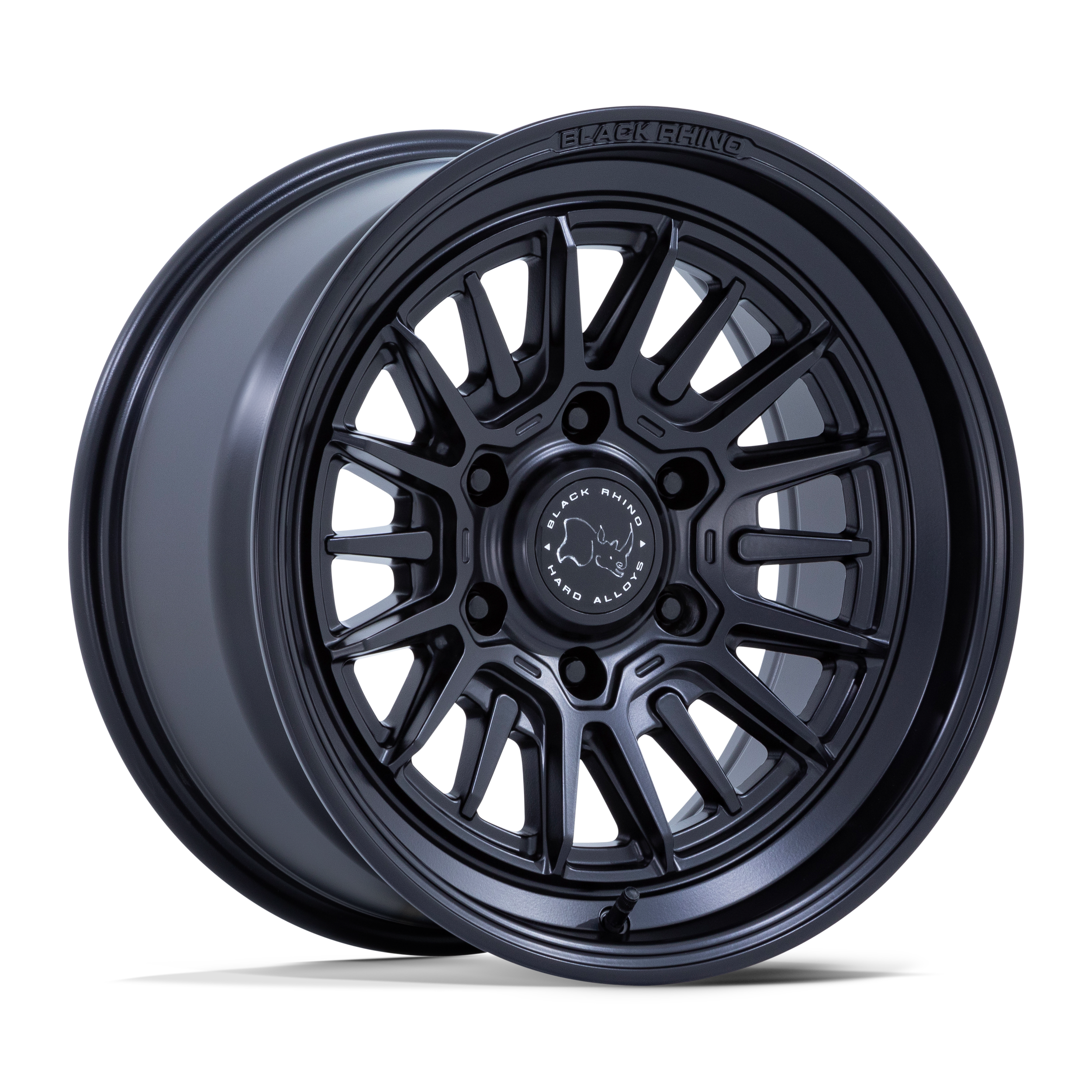 Two black alloy wheels stacked, one with visible spokes and the other partially visible, labeled 'Black Rhino' with a rhino logo.