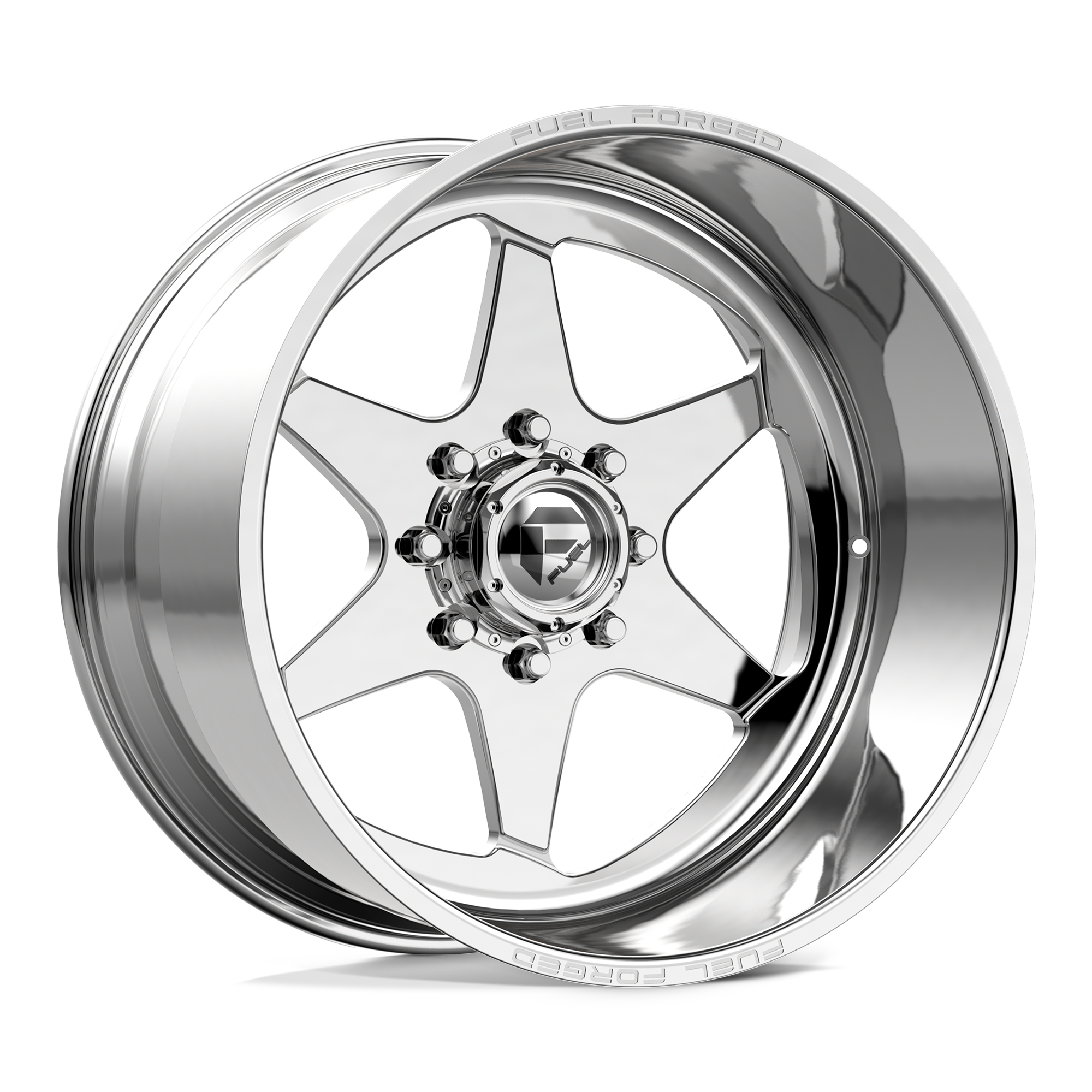 Chrome alloy wheel with a five-spoke design and a central hub with a logo.