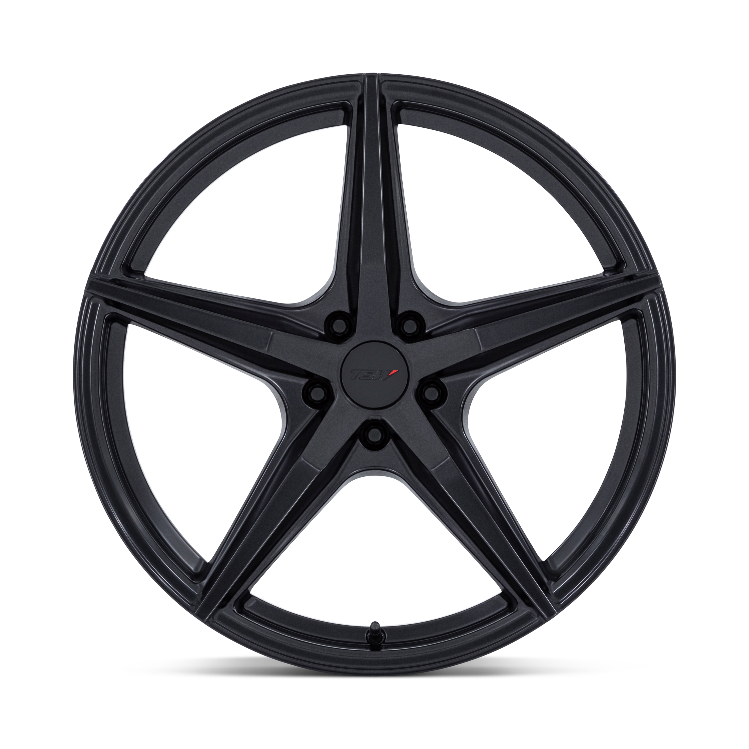 A black alloy wheel with five spokes, one spoke highlighted in green.