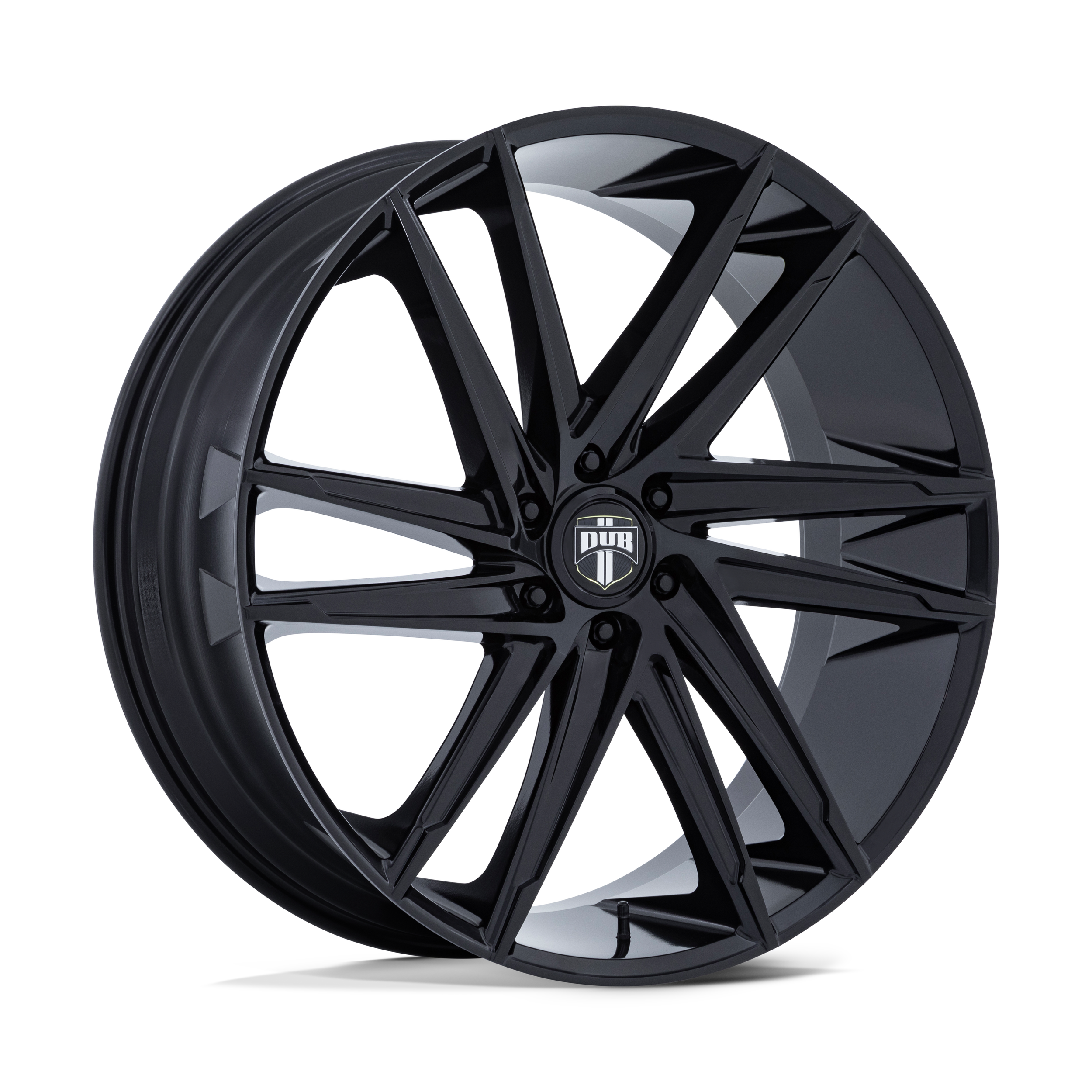 A black, multi-spoke car wheel with the DUB logo at the center.