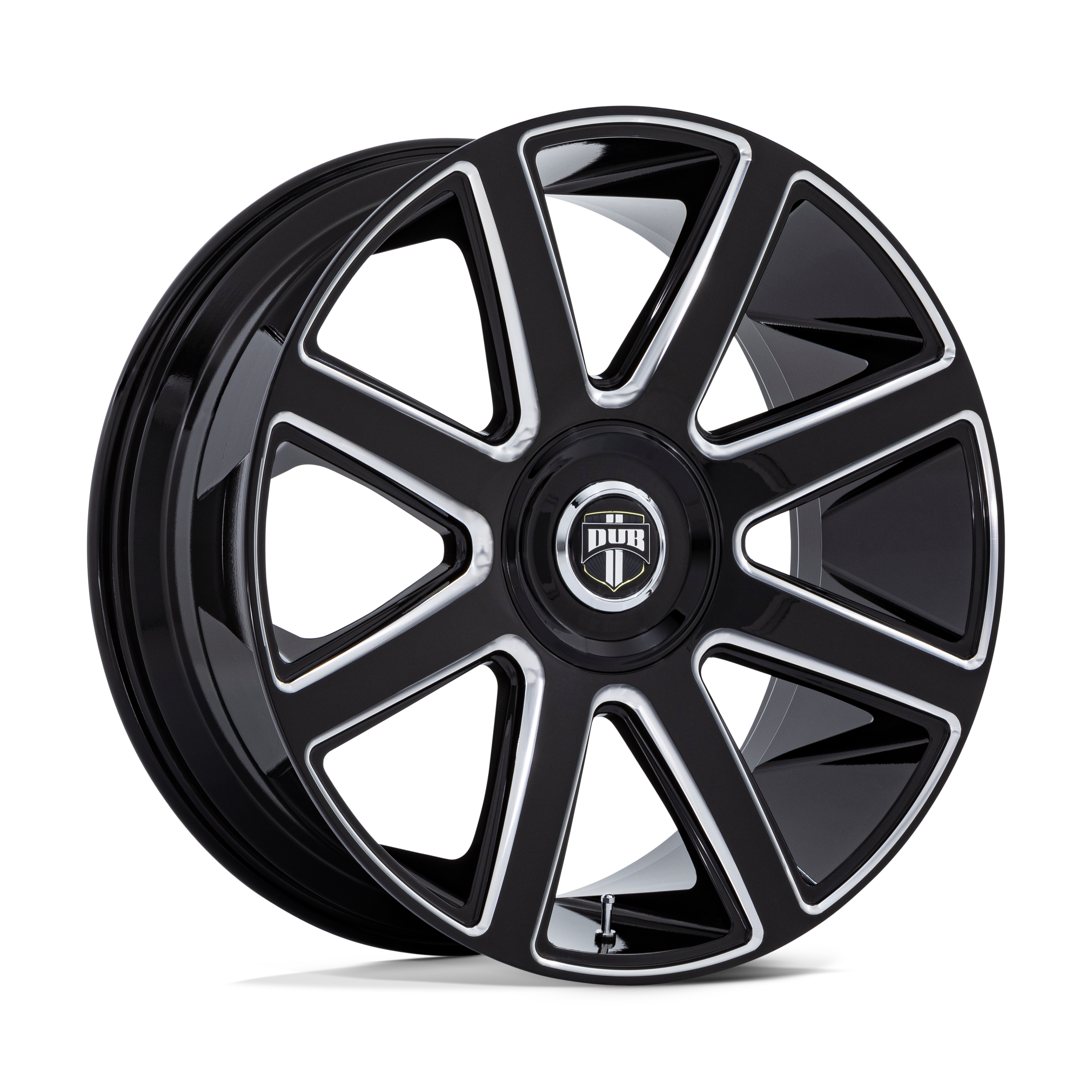 A black and silver alloy wheel with a central logo that reads 'DUB'.