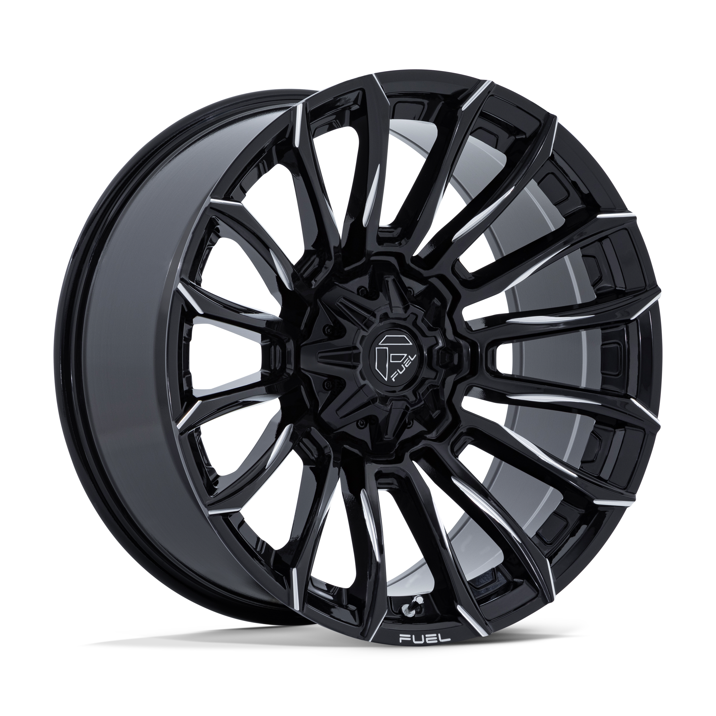 A black alloy car wheel with a modern, intricate spoke design and a central hub featuring a logo and the word 'FUEL'.