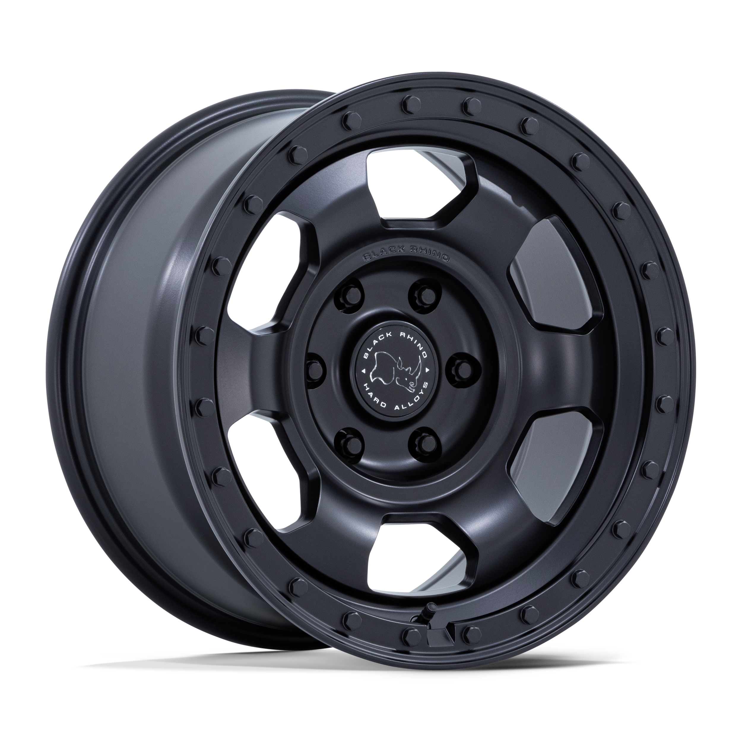 Black Rhino aftermarket off-road vehicle wheels with a matte black finish and bolt details.