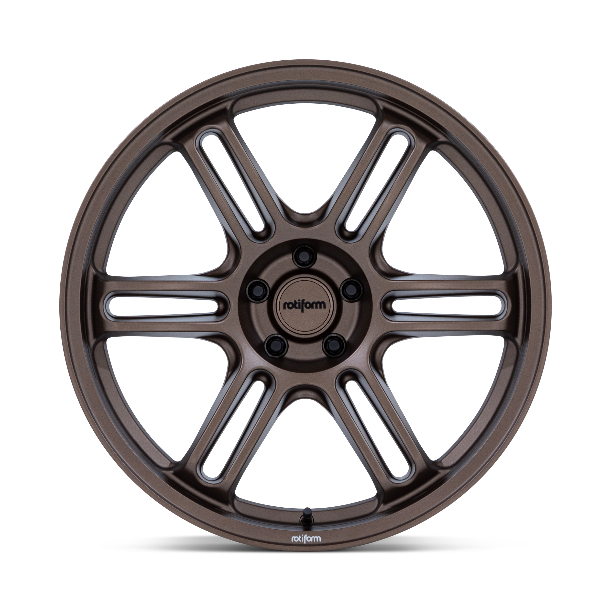 A metallic brown car wheel rim with six spokes, labeled 'rotiform' in the center.