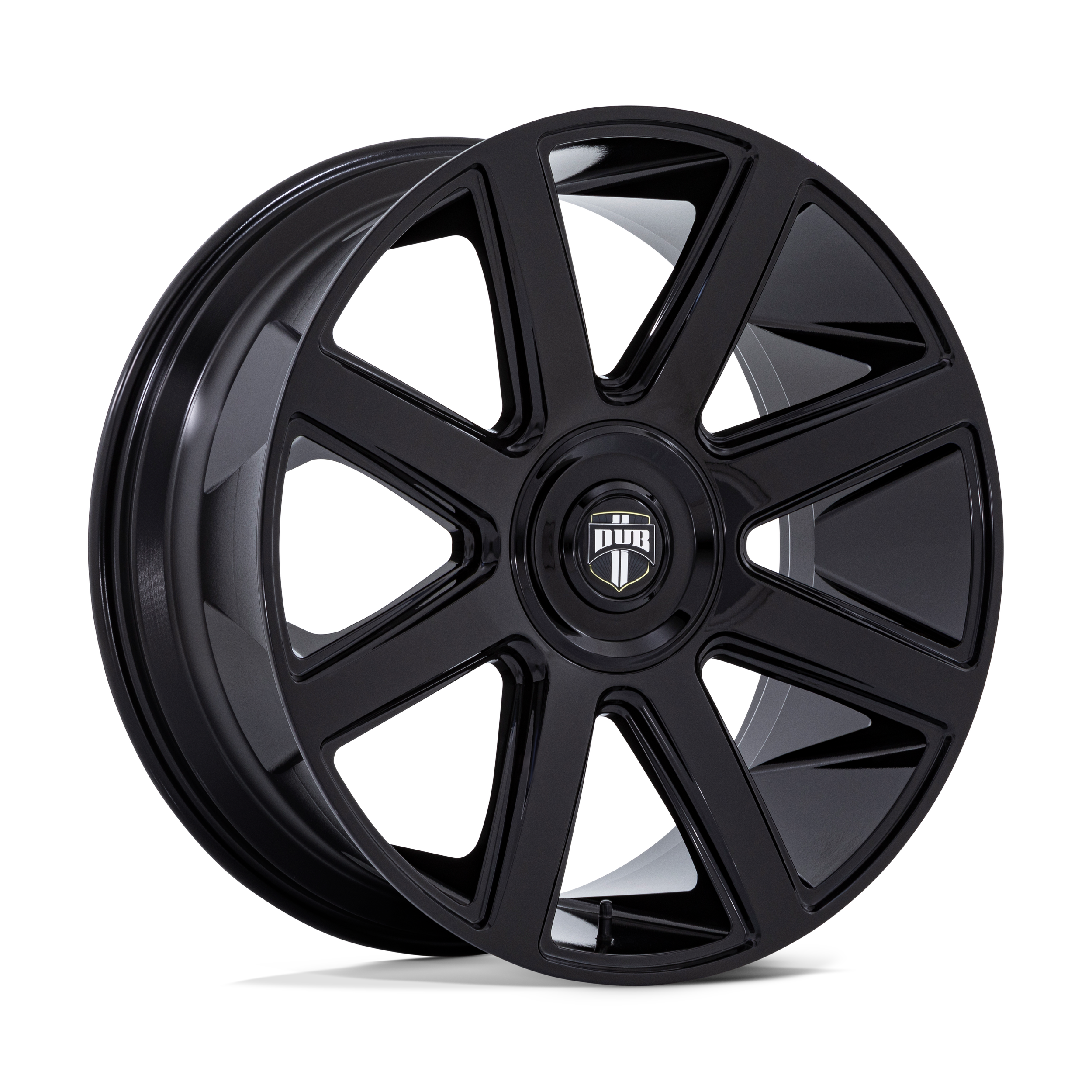 Black alloy car wheel with a central hubcap labeled DUB, isolated on a black background.