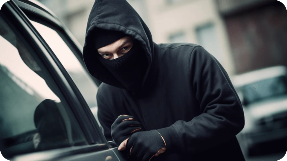 A person wearing a black hoodie, mask, and gloves leaning on a car in an outdoor urban setting