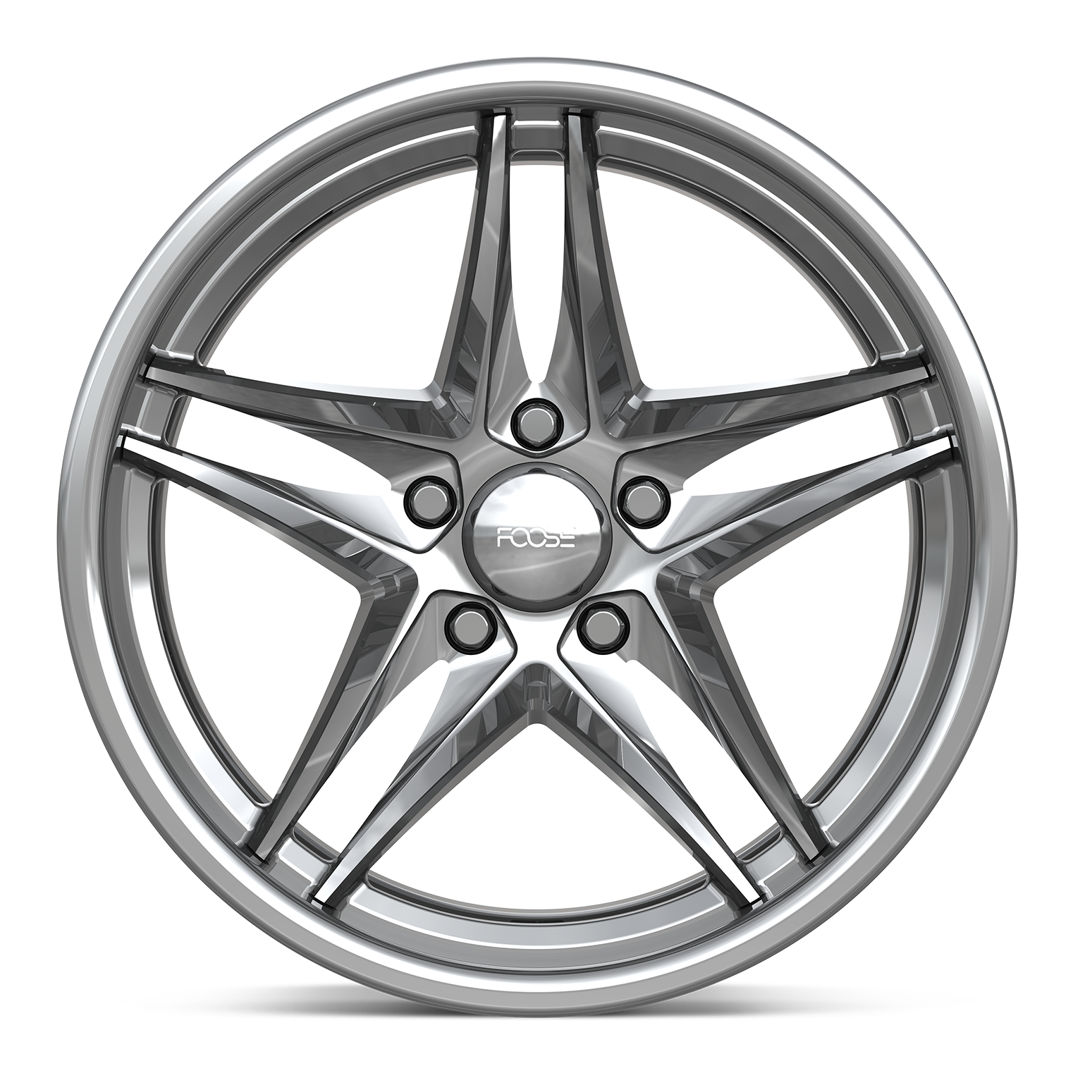 A modern, metallic silver car wheel with a star-shaped spoke design, labeled with the brand 'FOOSE' in the center cap.