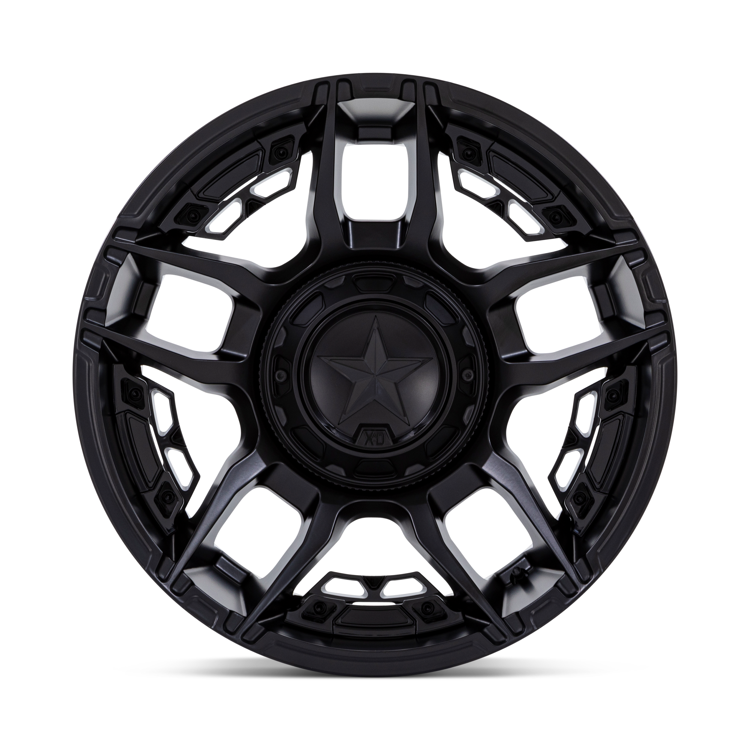 Black alloy wheel rim with a star logo in the center.