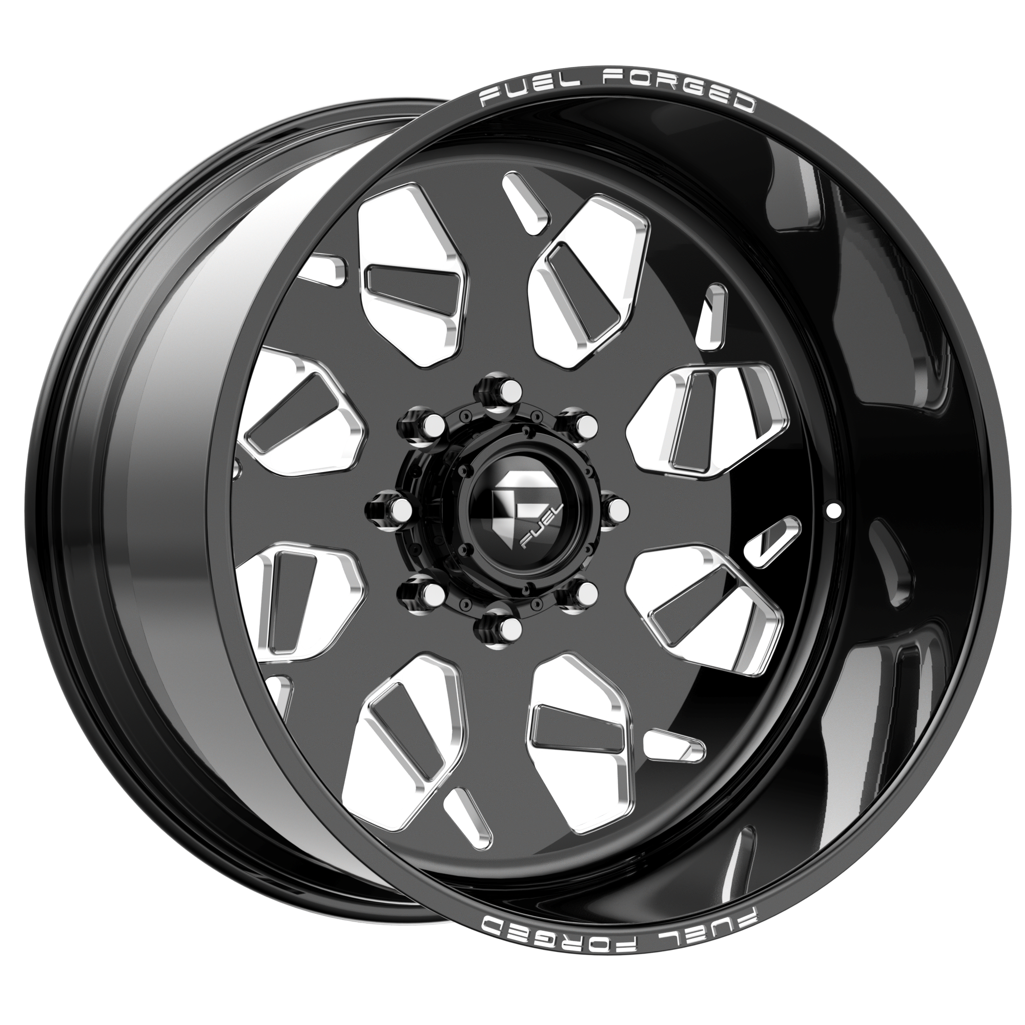 Close-up of a black, metallic futuristic car wheel with a center hubcap bearing a logo, surrounded by the words 'FUEL FORGED' on the rim edge.
