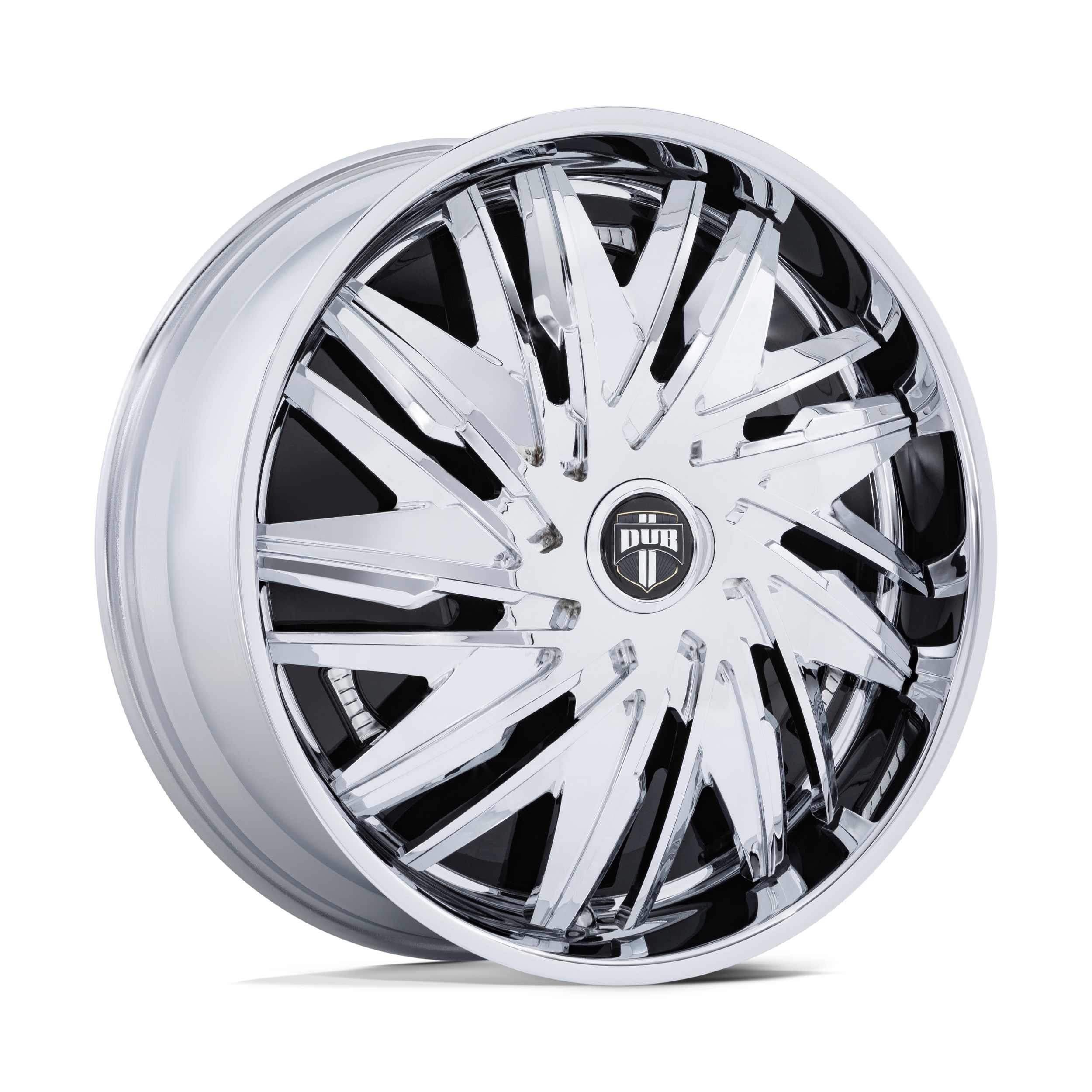 A shiny chrome custom car wheel rim with a black background, featuring a DUB logo at the center.
