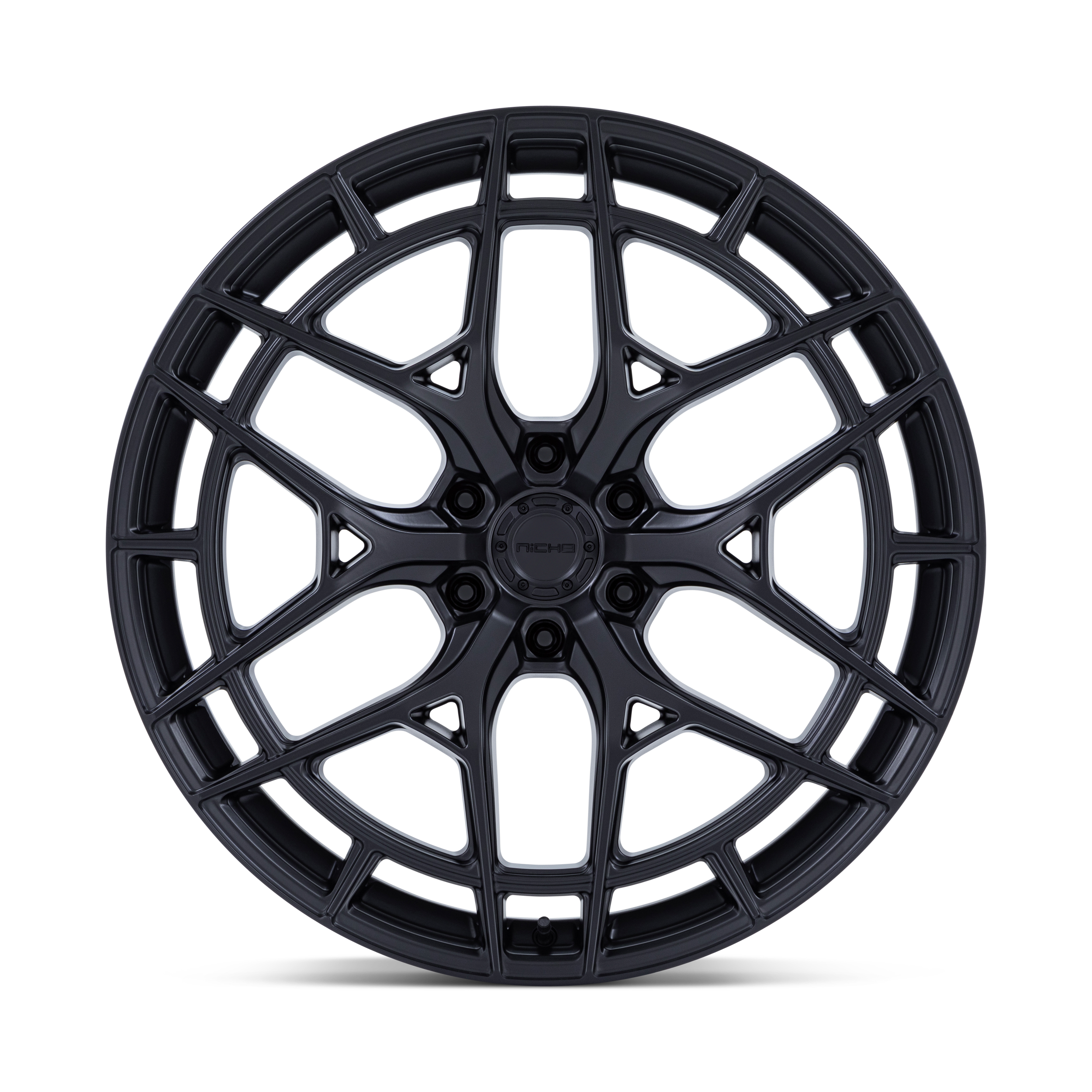 Black multi-spoke alloy car wheel rim against a black background.