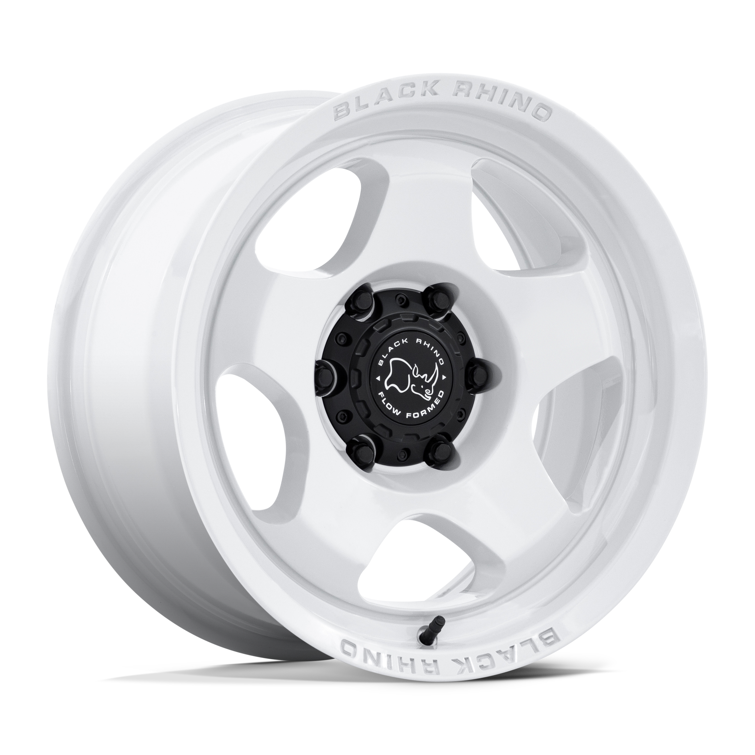 White racing wheel rim with Black Rhino logo in the center, labeled 'Black Rhino' and 'Flow Formed'