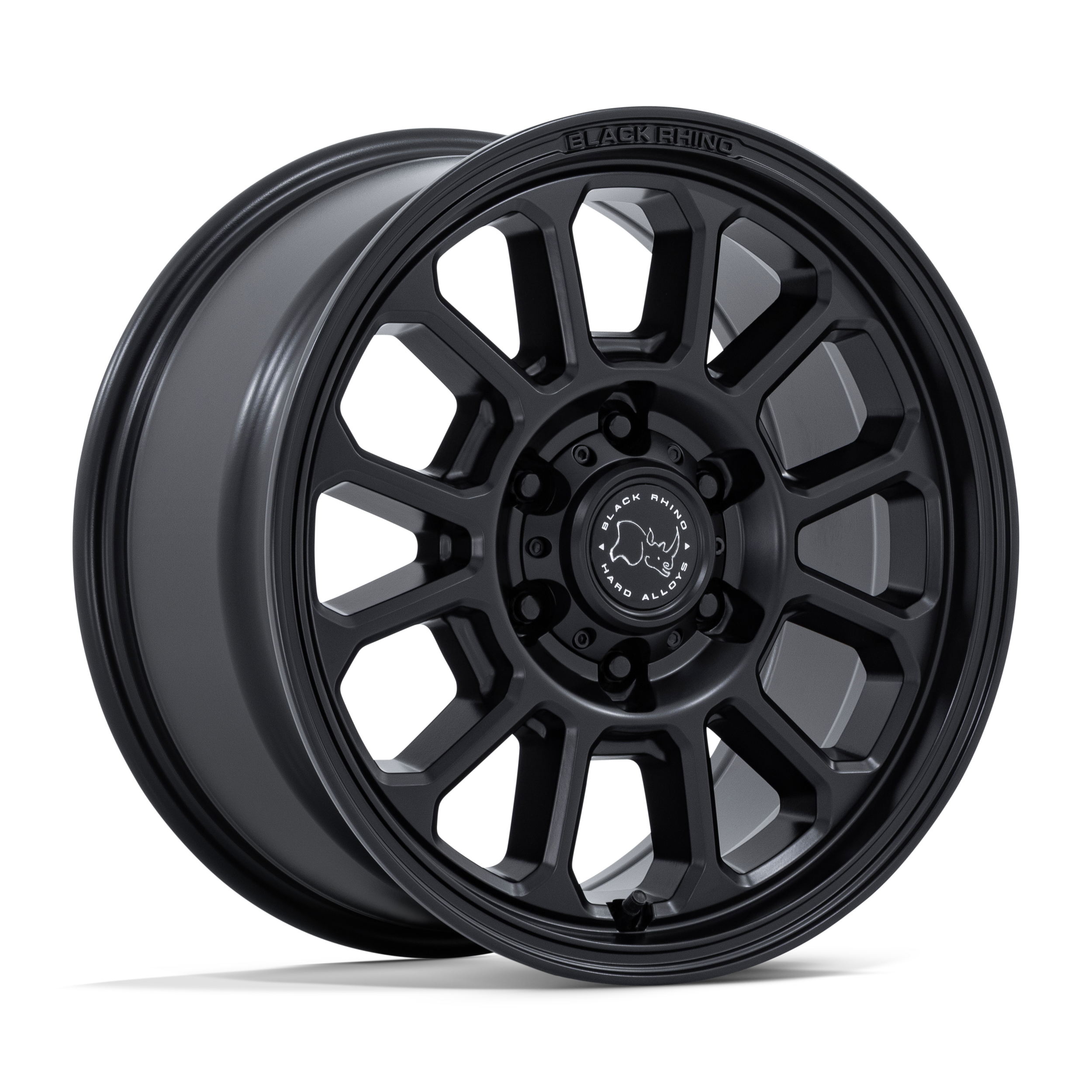Black Rhino off-road wheel with a matte black finish and a multi-spoke design.