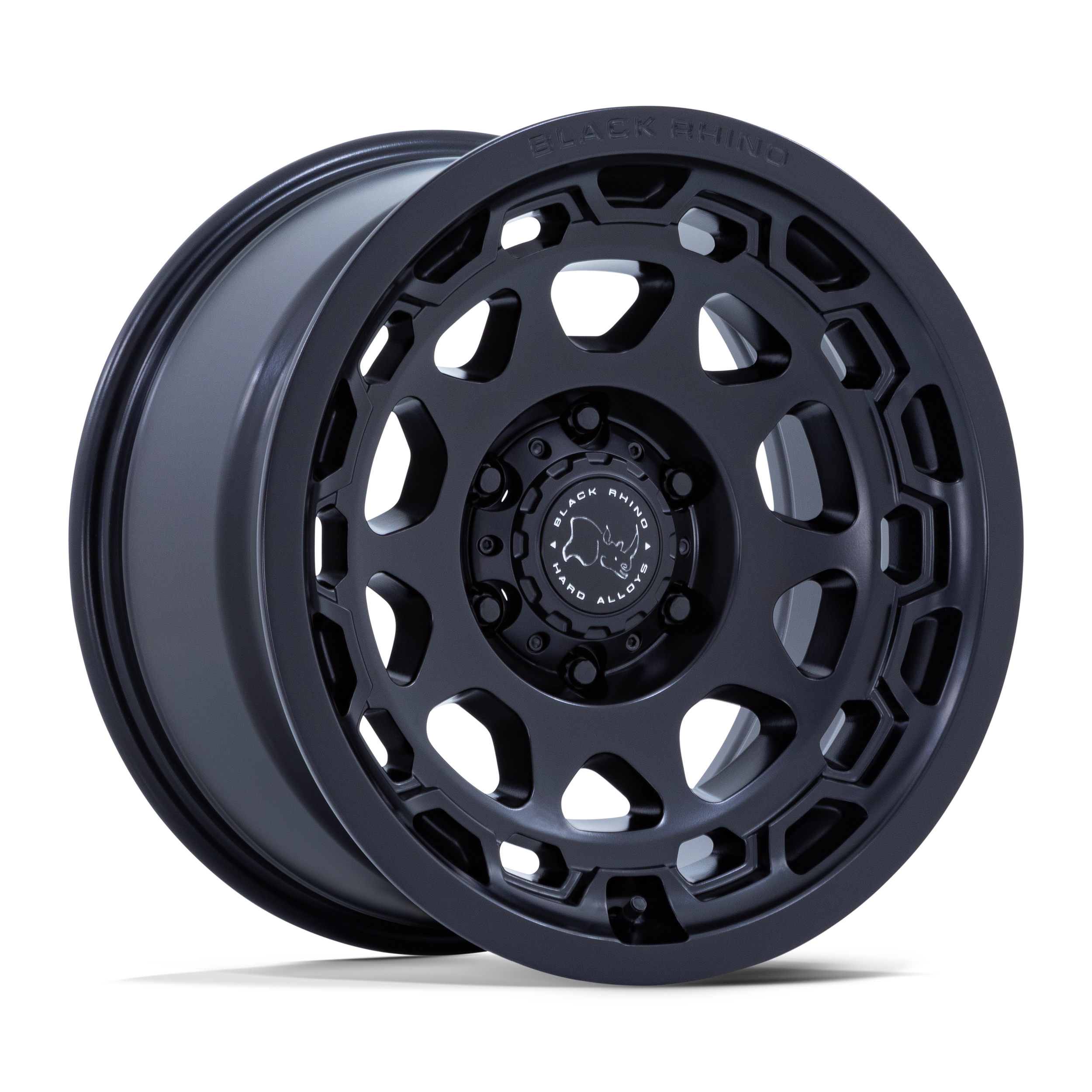 Black Rhino off-road wheel rim with intricate spoke design and central hub cap featuring a rhinoceros logo.