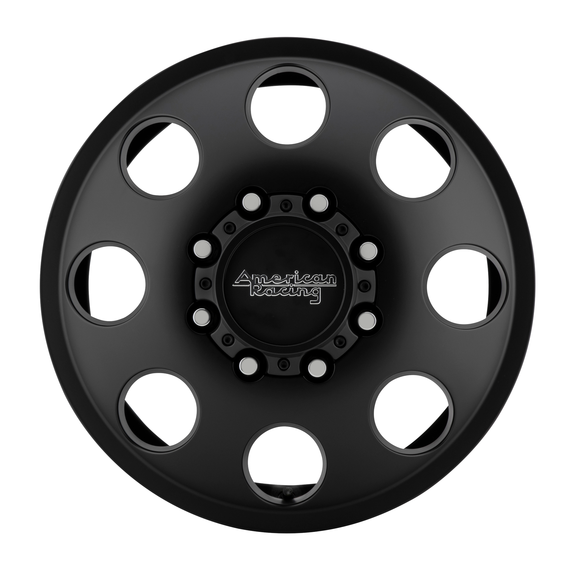 Black American Racing wheel rim with multiple circular cutouts and logo in the center.