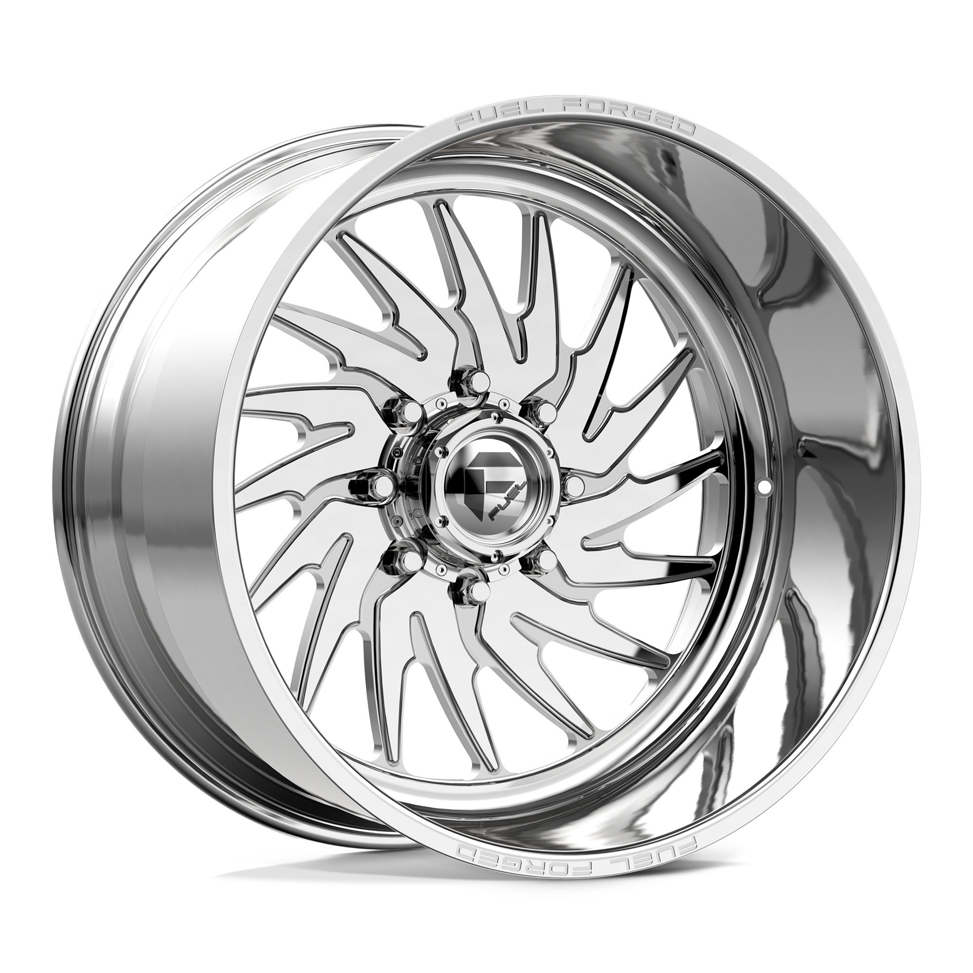 A shiny, metallic alloy wheel for a custom car with intricate spoke design and a center cap featuring a geometric logo.