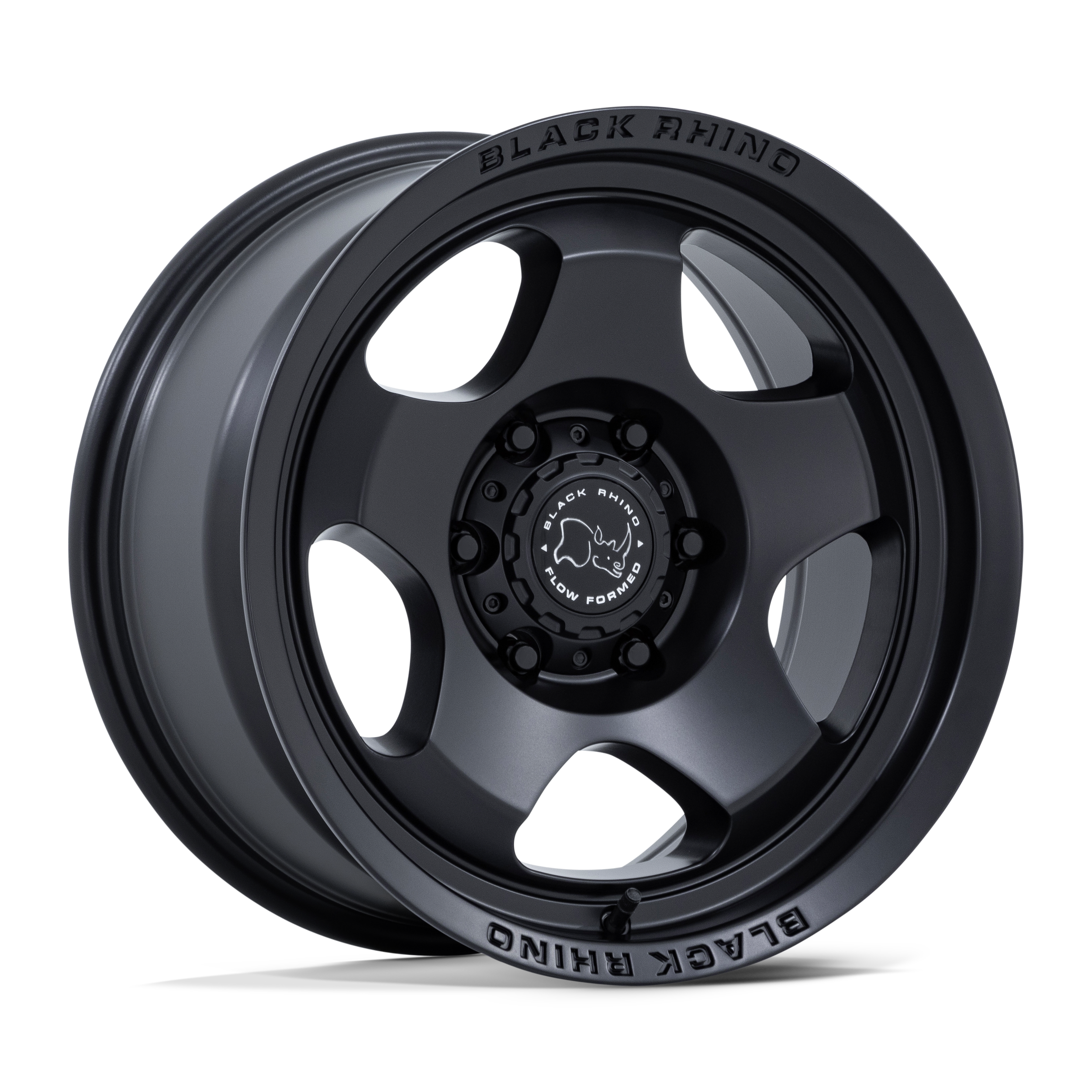A black racing wheel with the words 'Black Rhino' engraved on the rim and the center hub featuring a rhinoceros logo and text 'Flow Formed'.