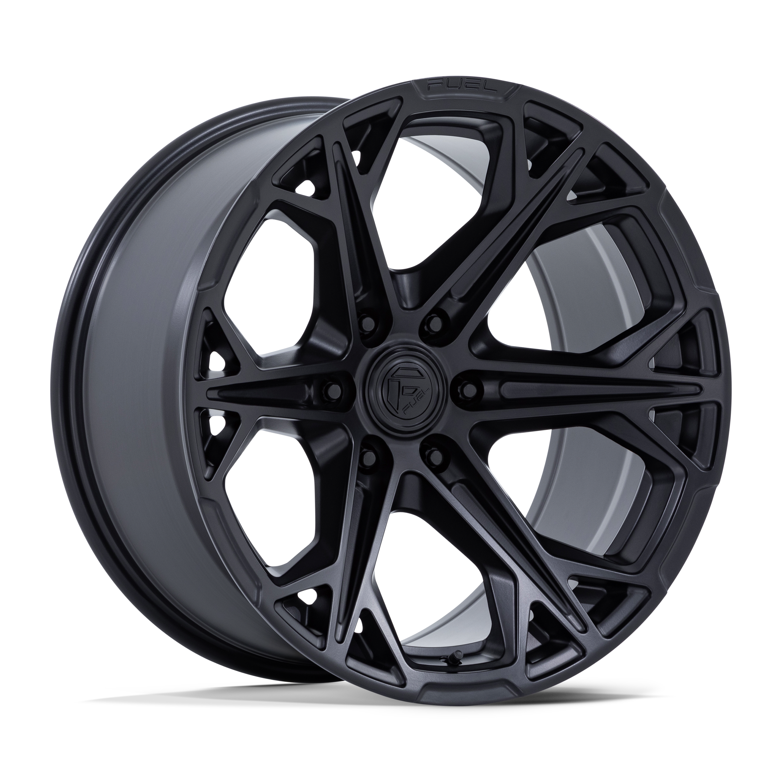Black and gray car wheel rim with a multi-spoke design.