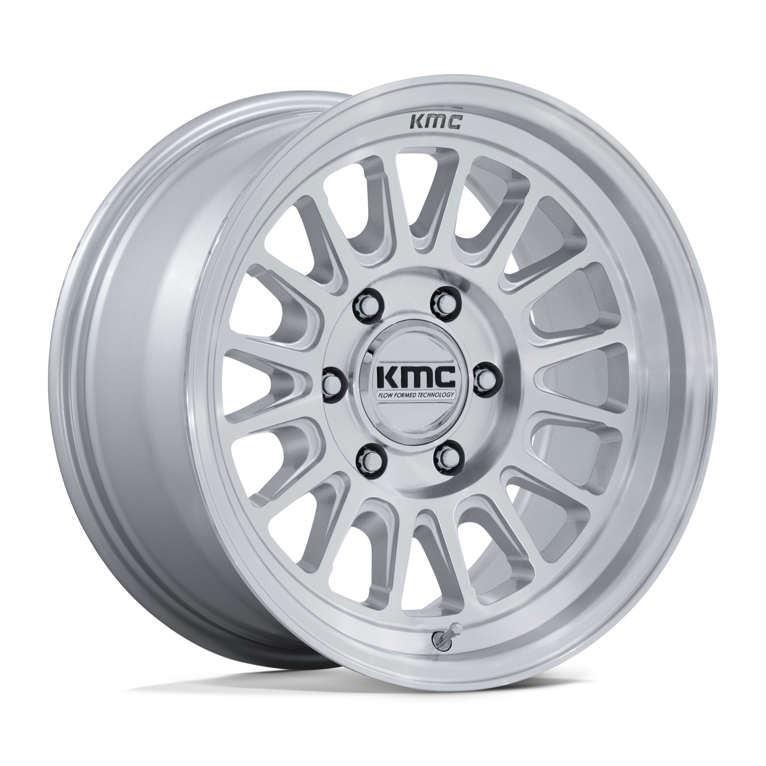 Silver KMC alloy wheels with multiple spokes and black lug nuts, logo on center cap, black background.