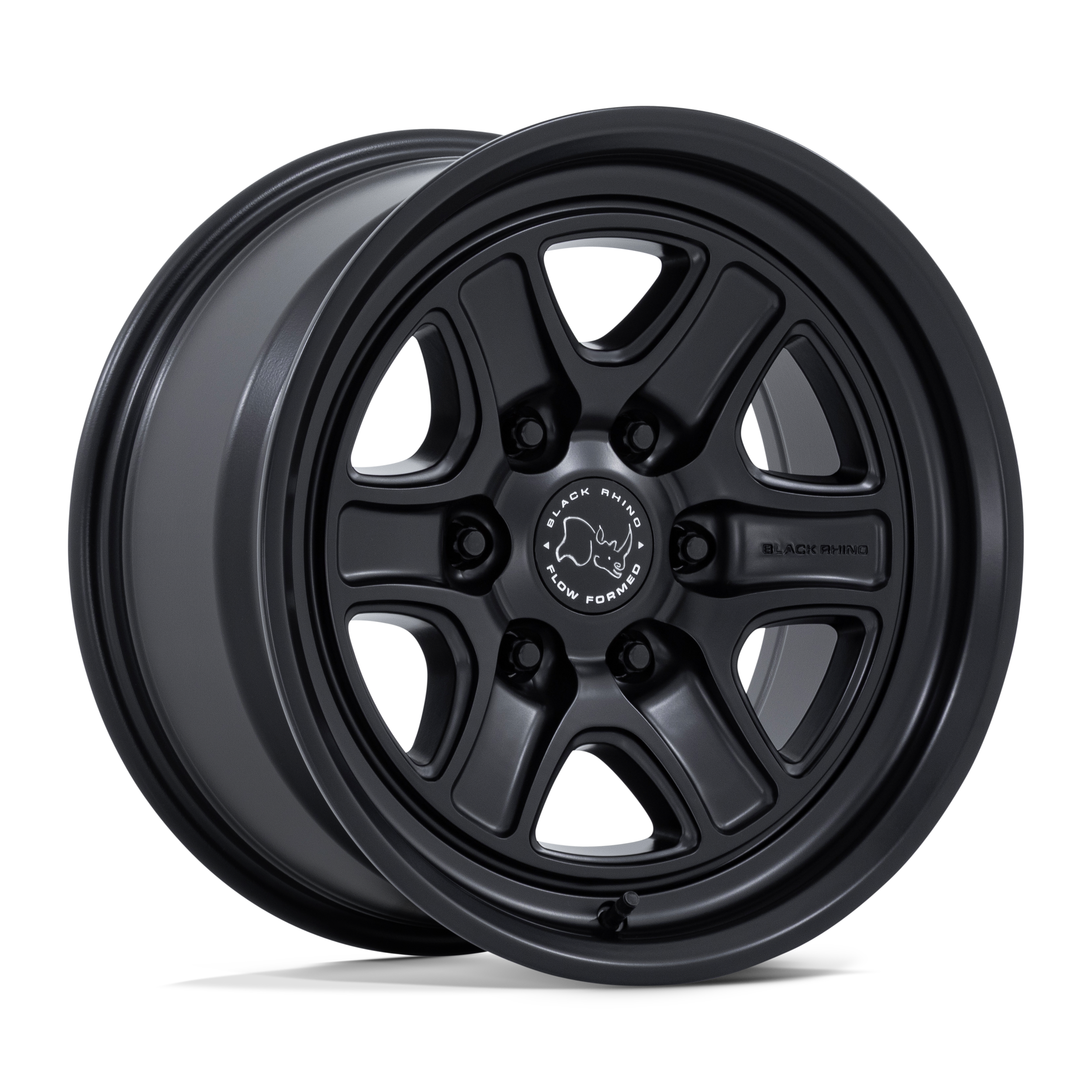Black five-spoke alloy wheel with a center cap engraved with a rhinoceros logo and the text "Black Rhino" and "Flow Formed."