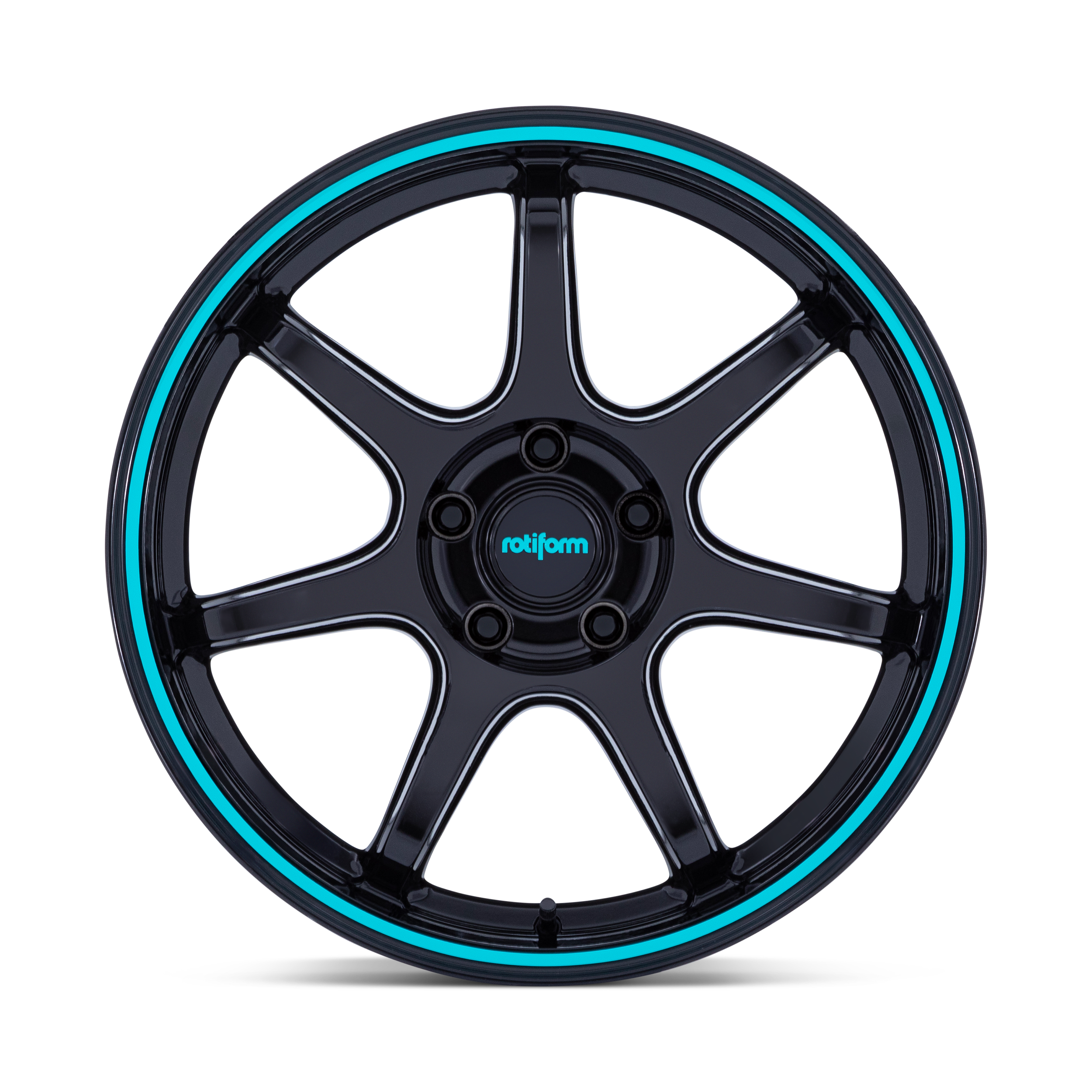 A black, multi-spoke wheel with blue accents around the rim, labeled 'rotiform' in the center.