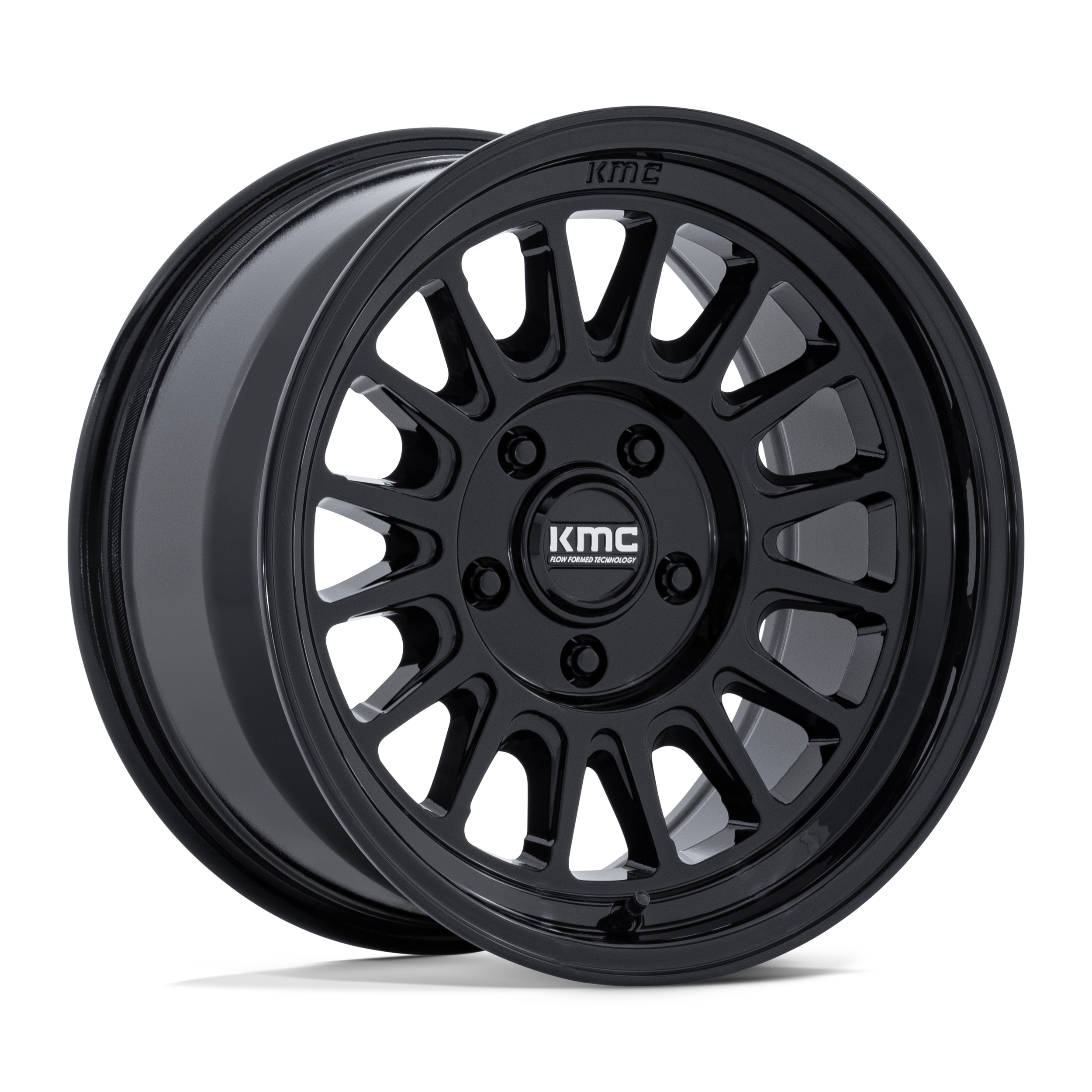 Black wheel rim with multiple spokes and KMC logo in the center