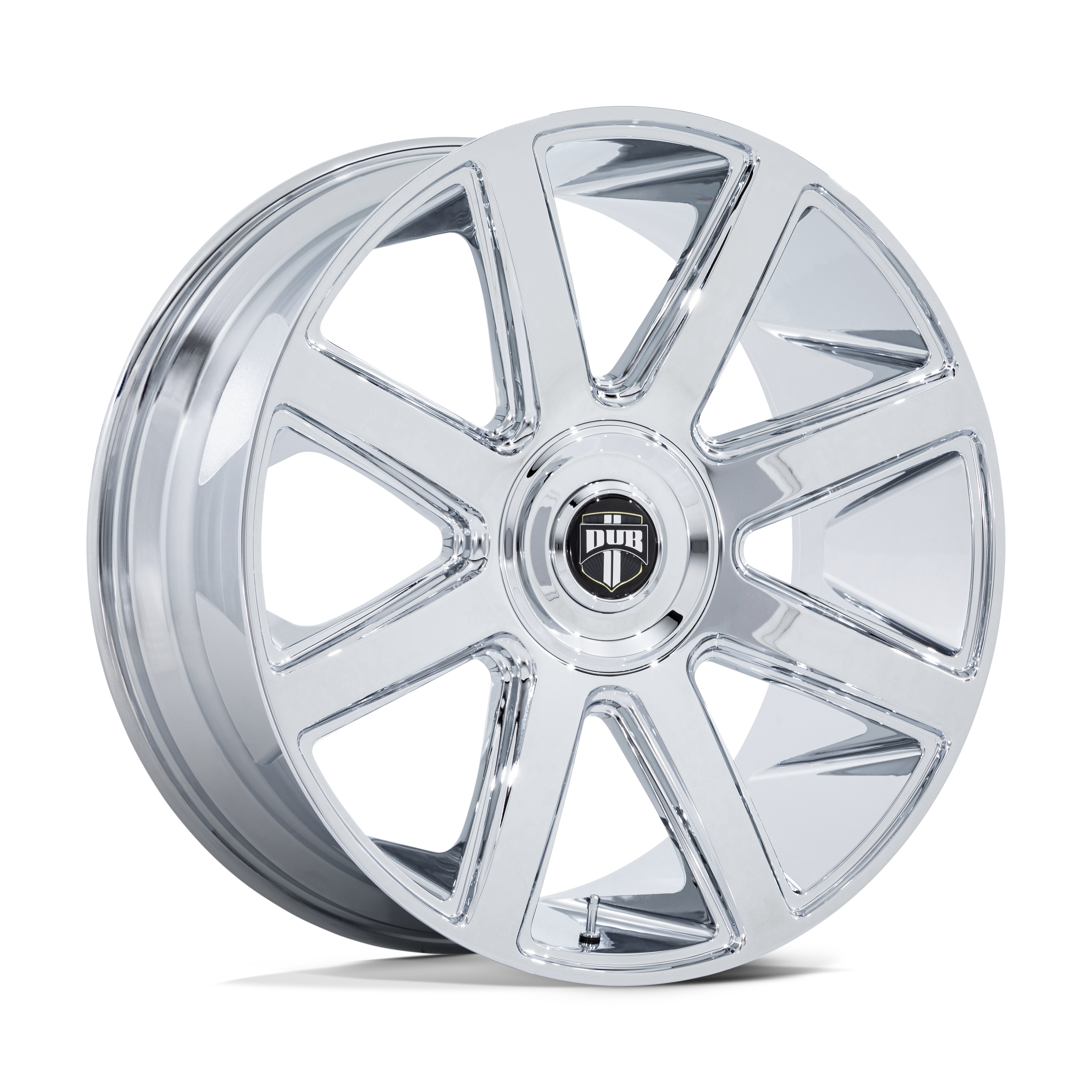 A chrome alloy car wheel rim with a black center cap labeled 'DUB'.
