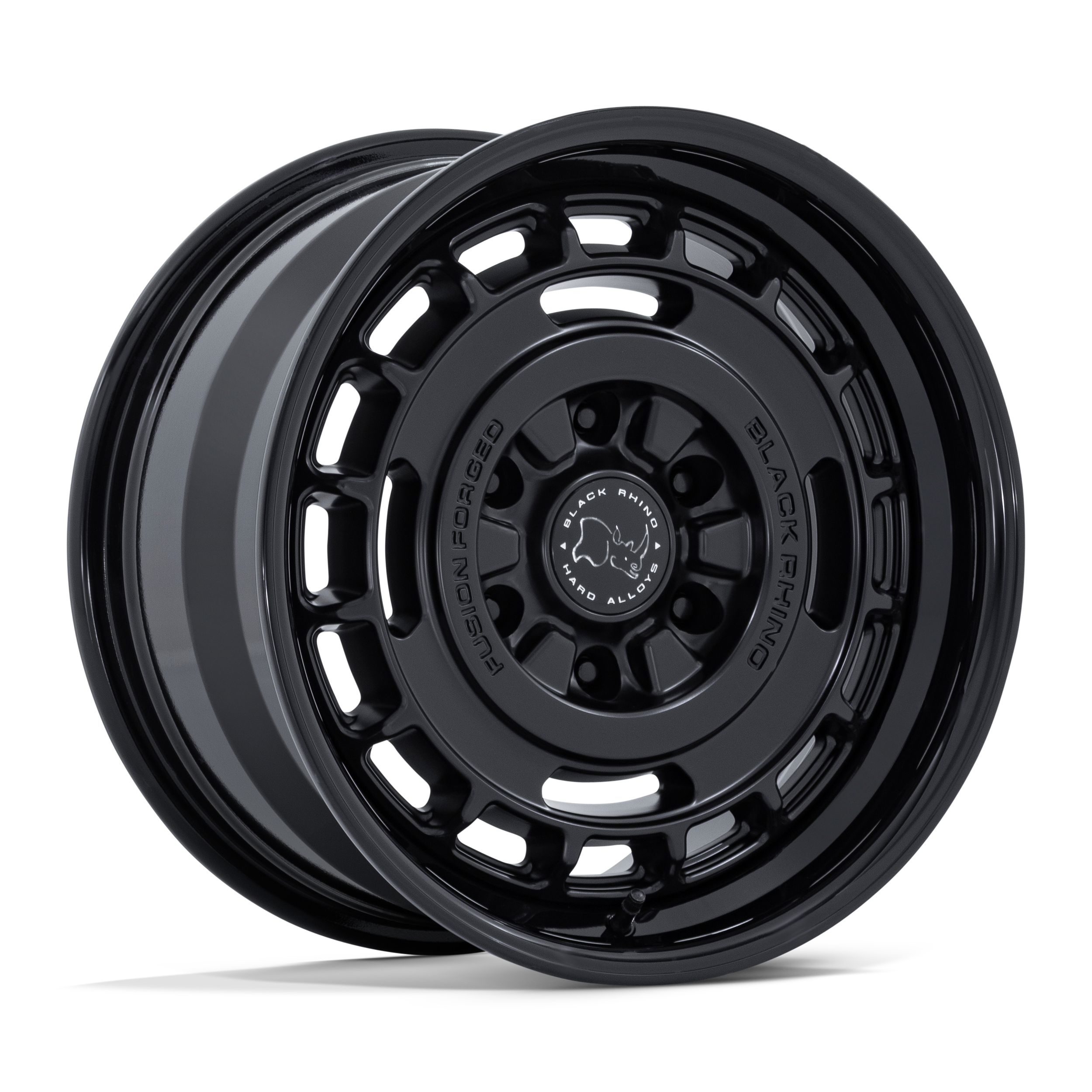 Black Rhino hubcaps with a central logo featuring a rhinoceros outline and the text 'Black Rhino Heavy Alloys', surrounded by the words 'FUSION FORGED' and 'BLACK RIM'.