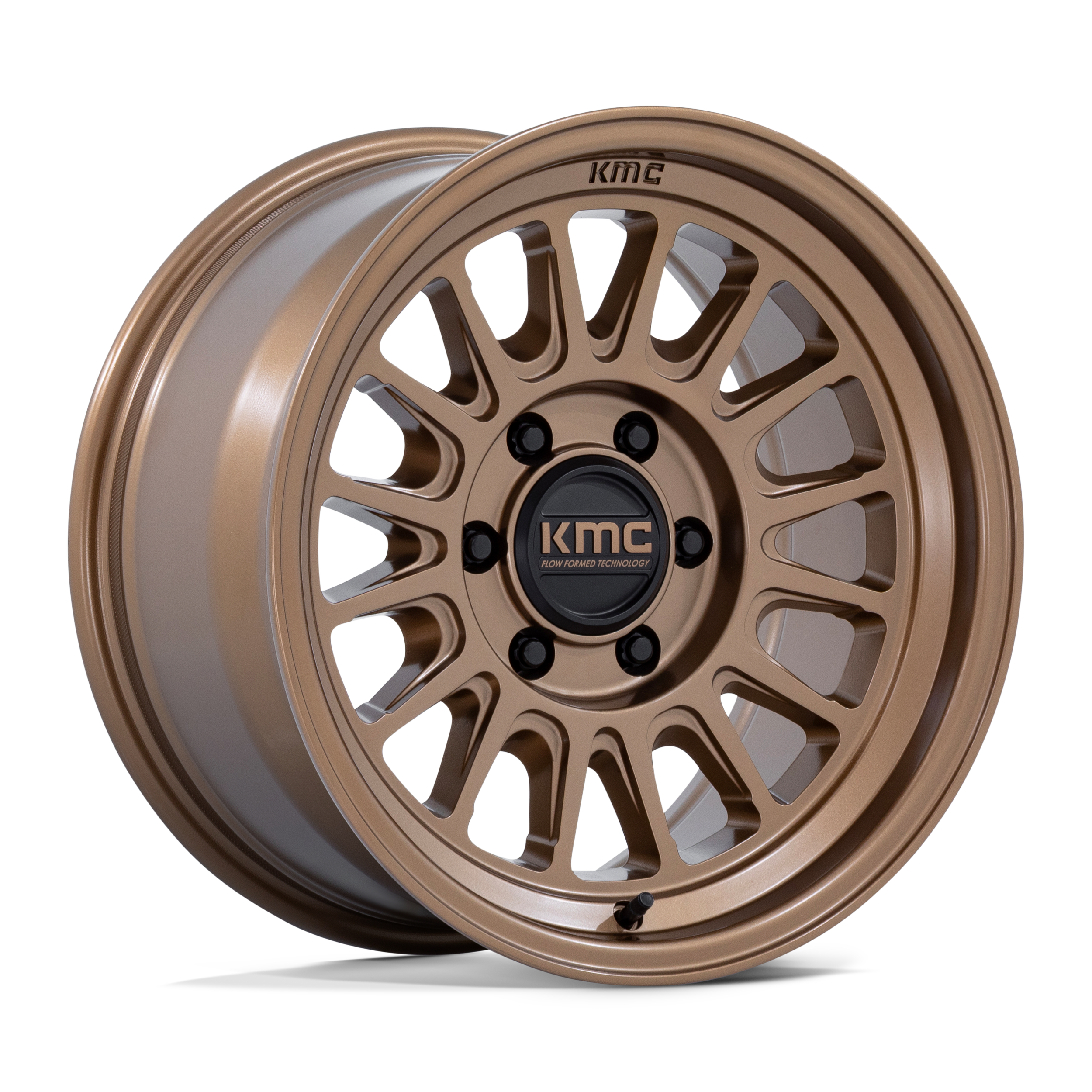 A bronze-colored alloy wheel rim with multiple spokes and the KMC logo in the center.
