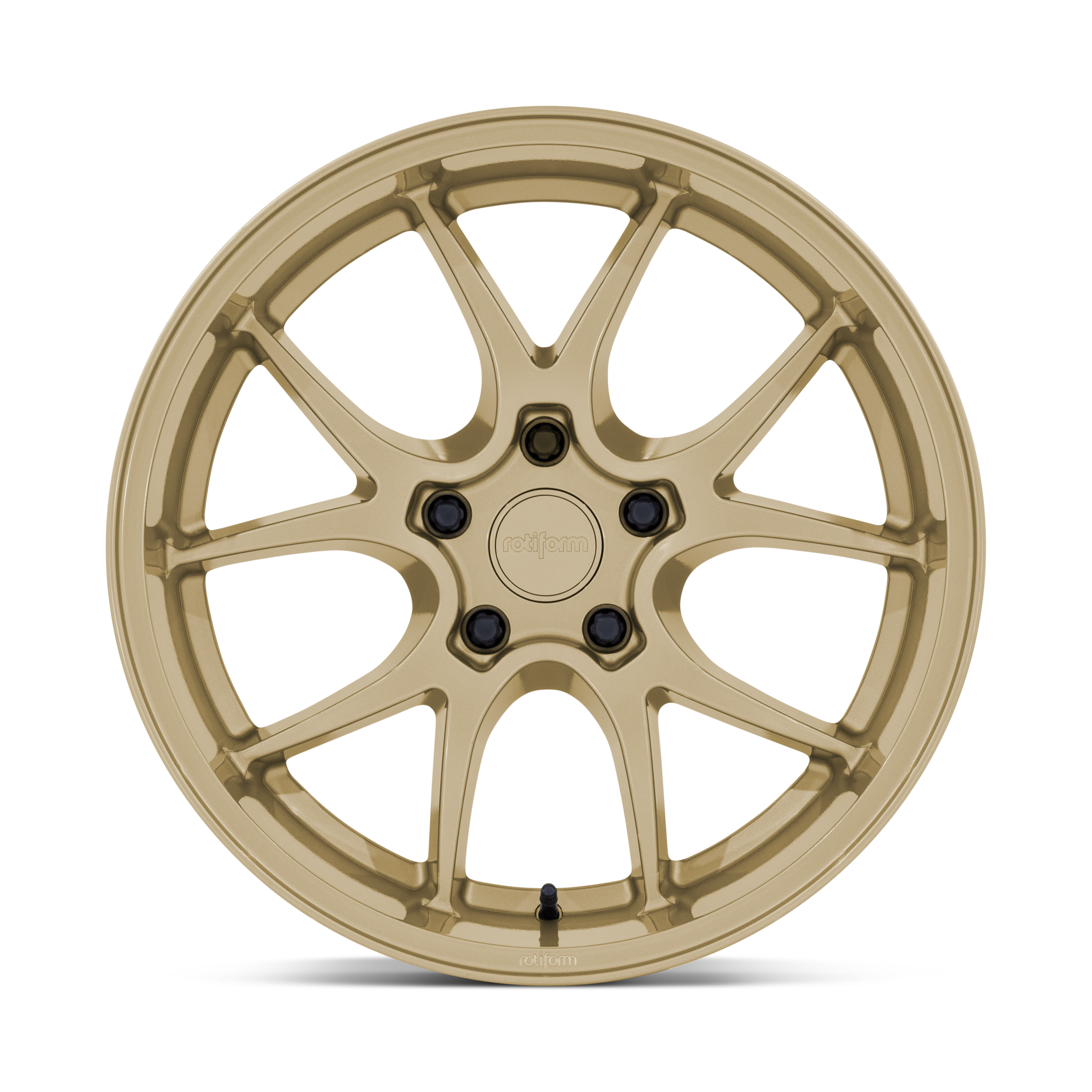 Gold-colored alloy wheel rim with multiple spokes and a central hub with branding and bolt holes