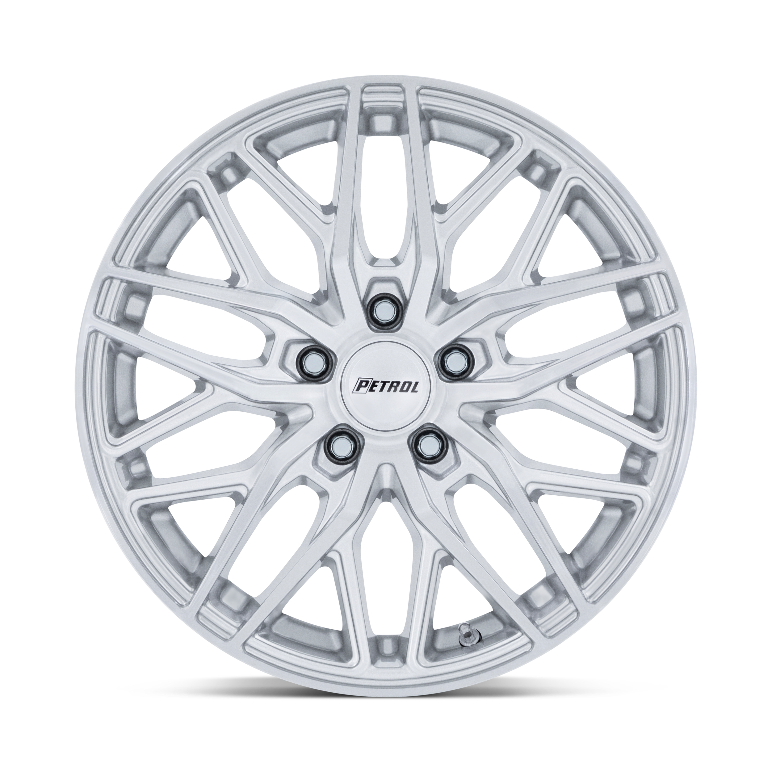 Silver alloy wheel with multi-spoke design and center cap labeled 'PETROL'.