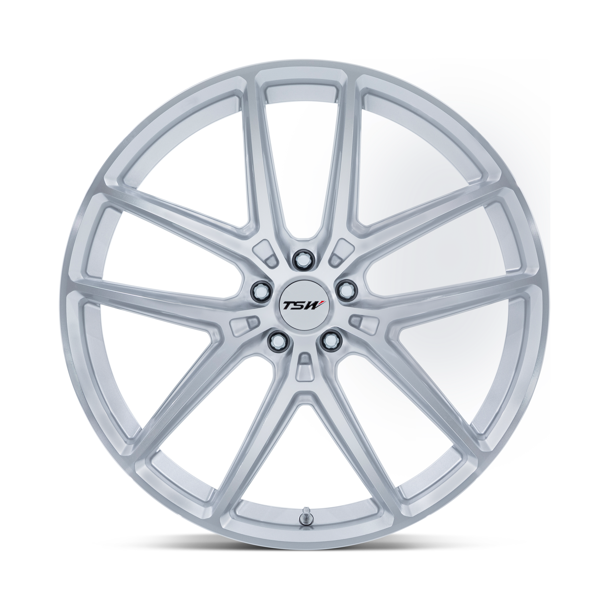 A silver alloy car wheel rim with a TSW logo at the center