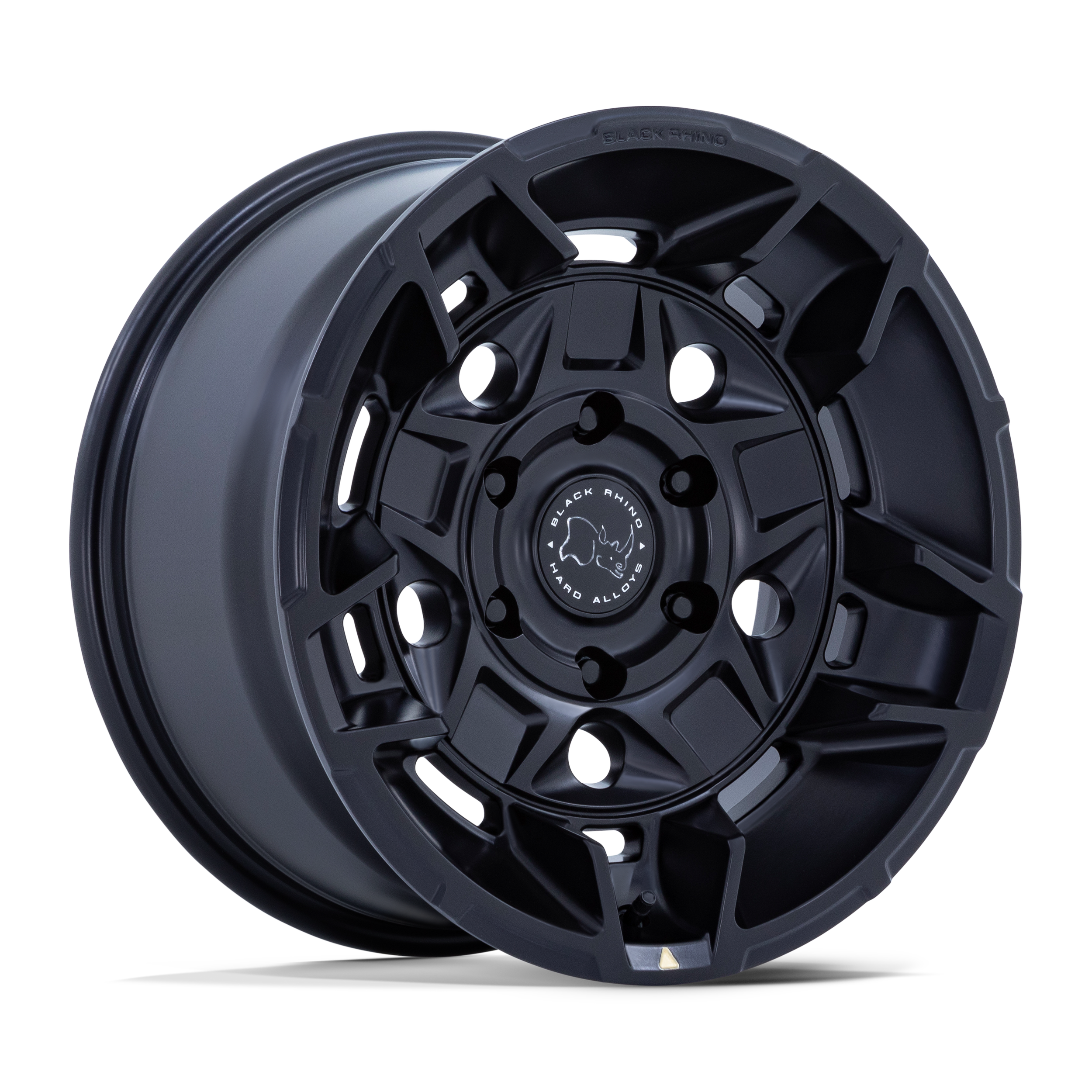 Black off-road wheel rim with intricate design and a logo in the center that says 'Black Rhino Hard Alloys'