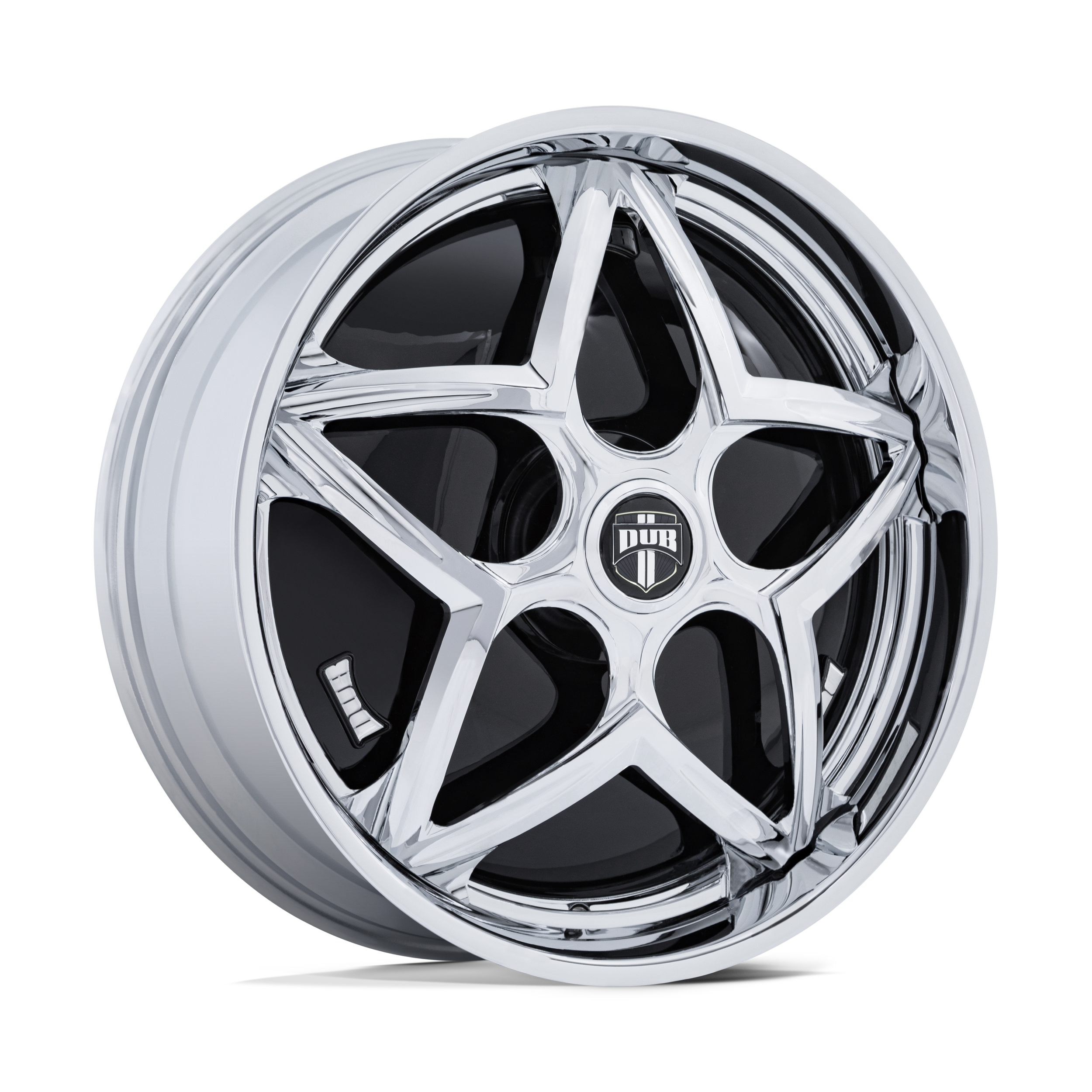 A silver and black car wheel rim with a star-shaped design and the logo "DUB" at the center.