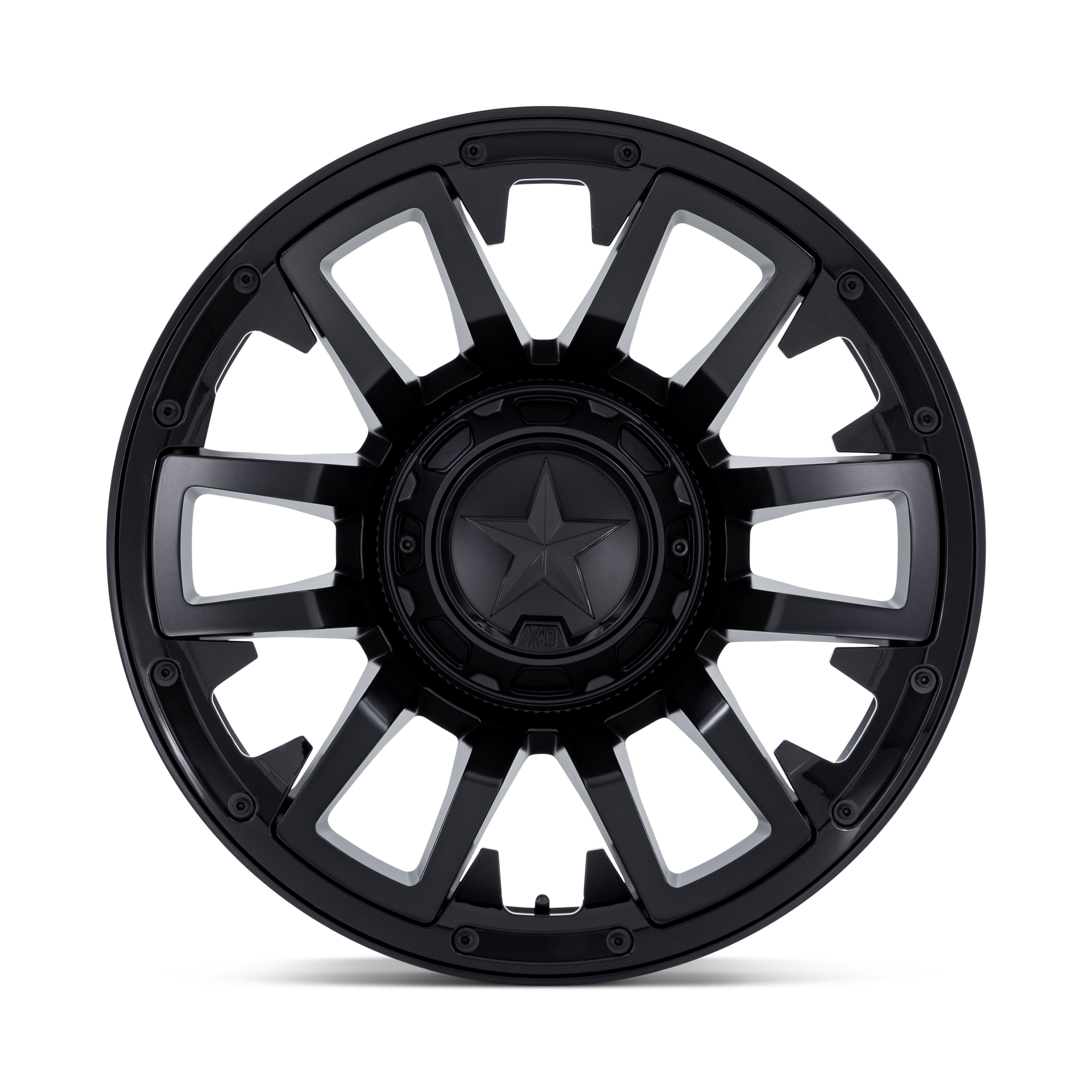 A black car wheel with spokes and a star emblem in the center.