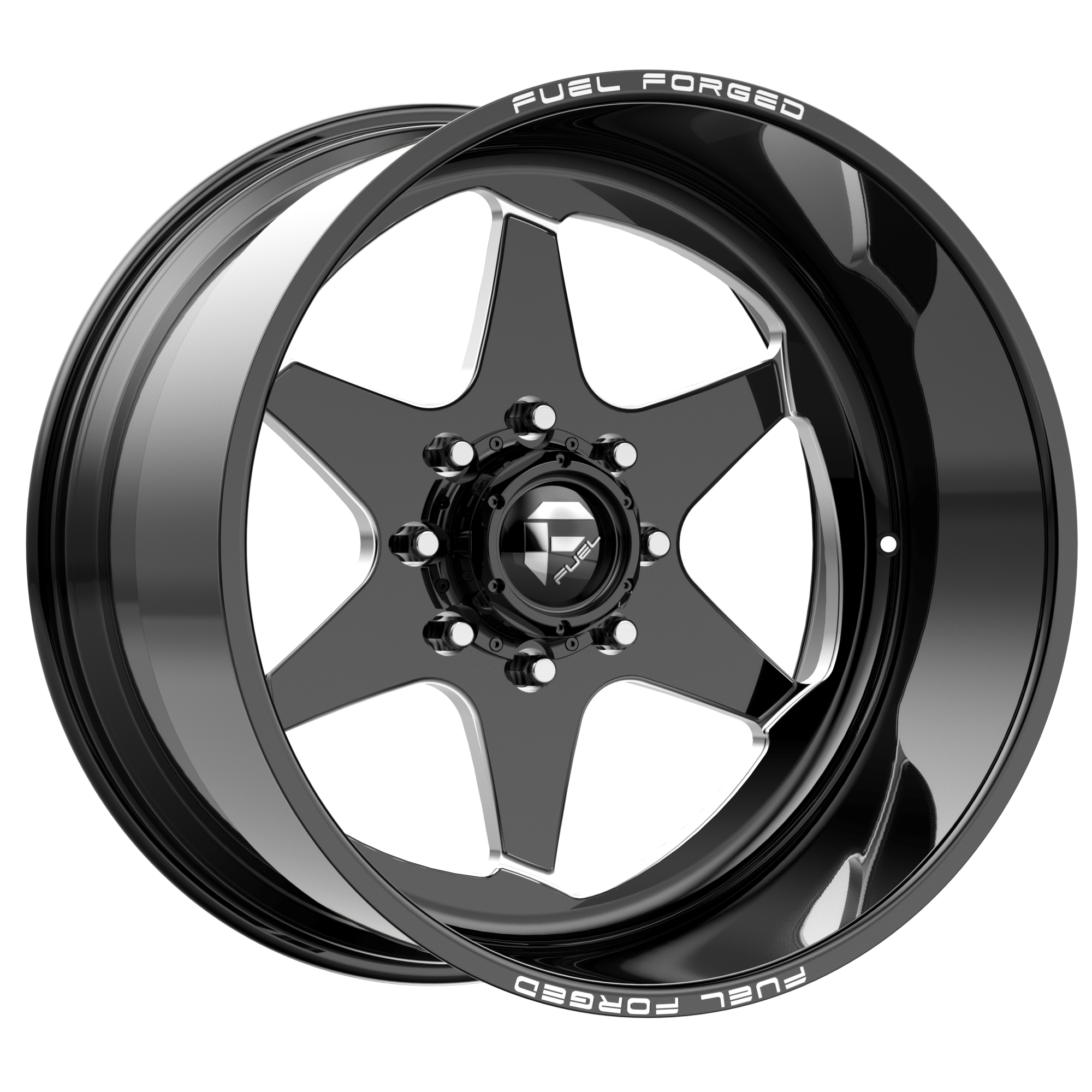 A black and silver mechanical wheel with the words Fuel Forged written on a rim and a central hub with a logo reading FUEL.