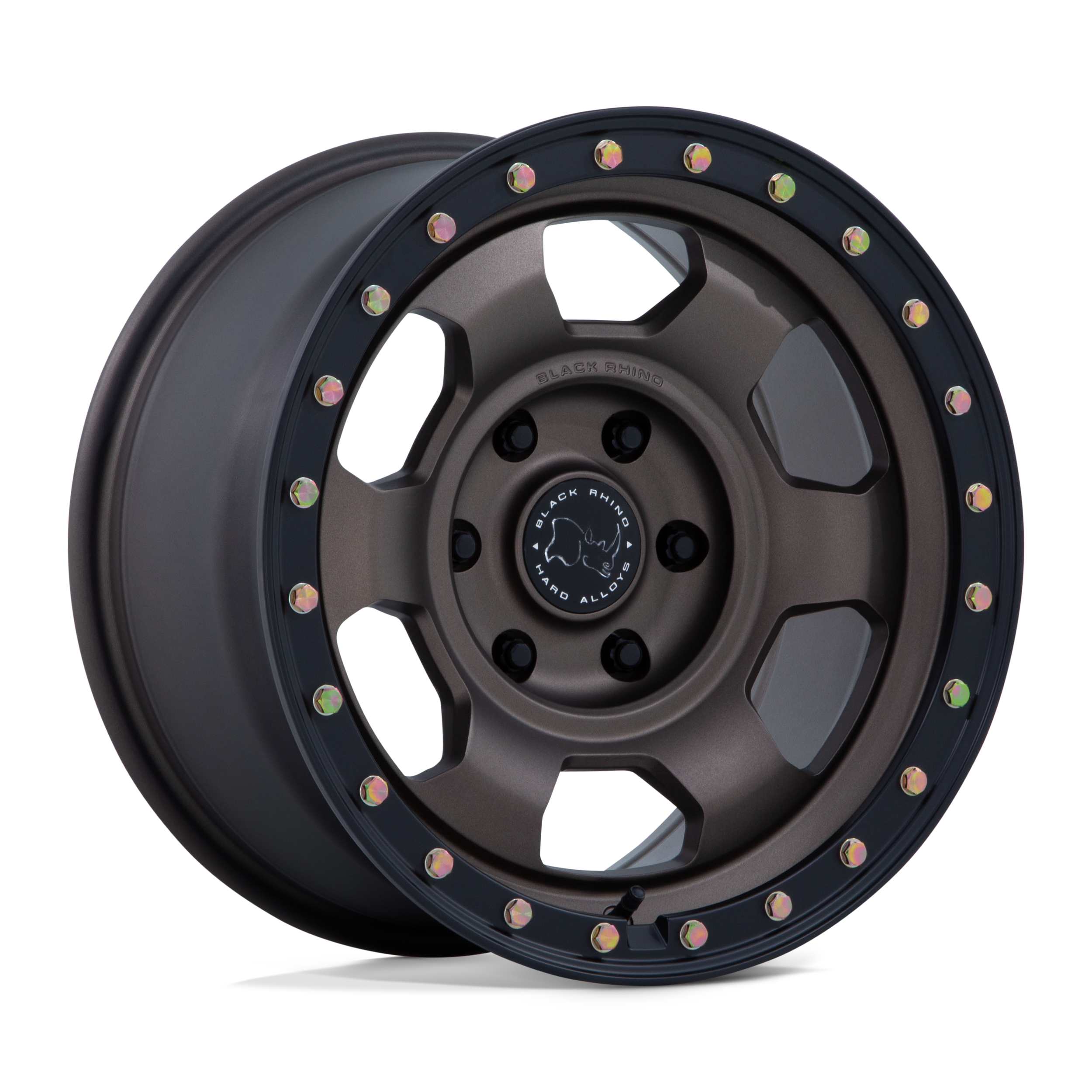 Black Rhino off-road wheel with a dark finish, multi-bolt pattern, and Black Rhino logo at the center.