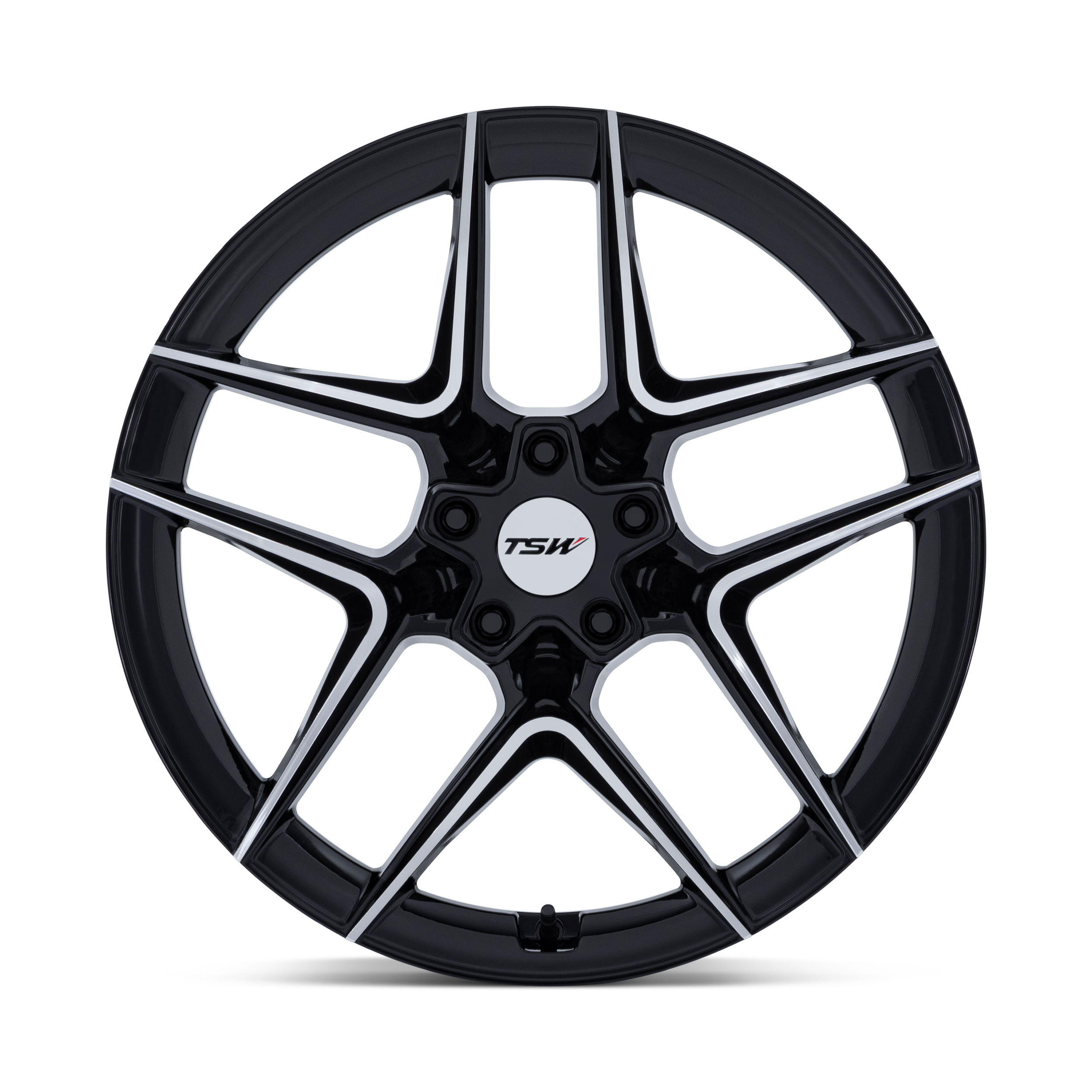 A black and silver TSW alloy car wheel with a five-spoke star design on a black background.