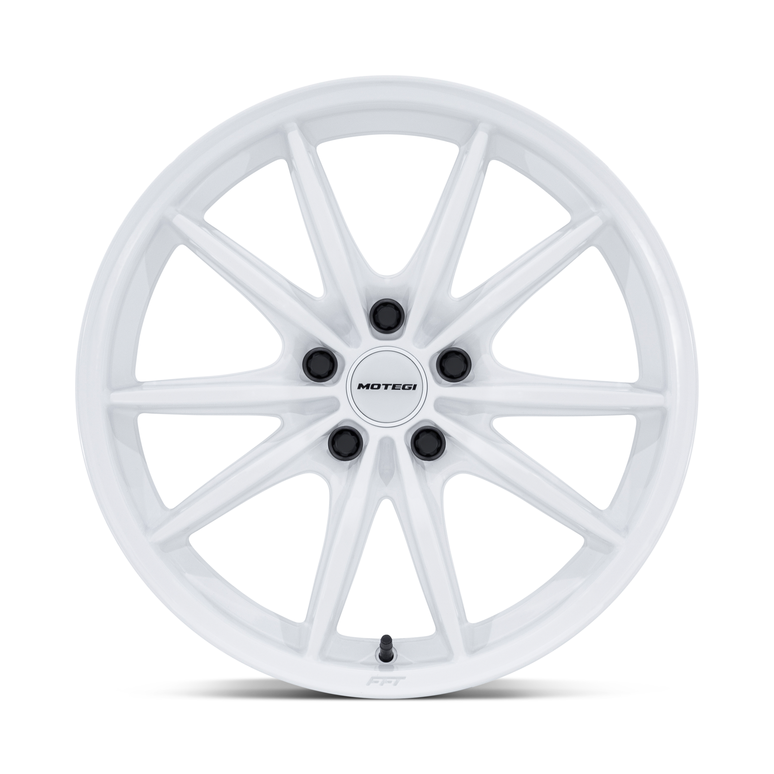 White alloy wheel with black lug nut holes, central hub with 'MOTEGI' logo, and a valve stem at the bottom.