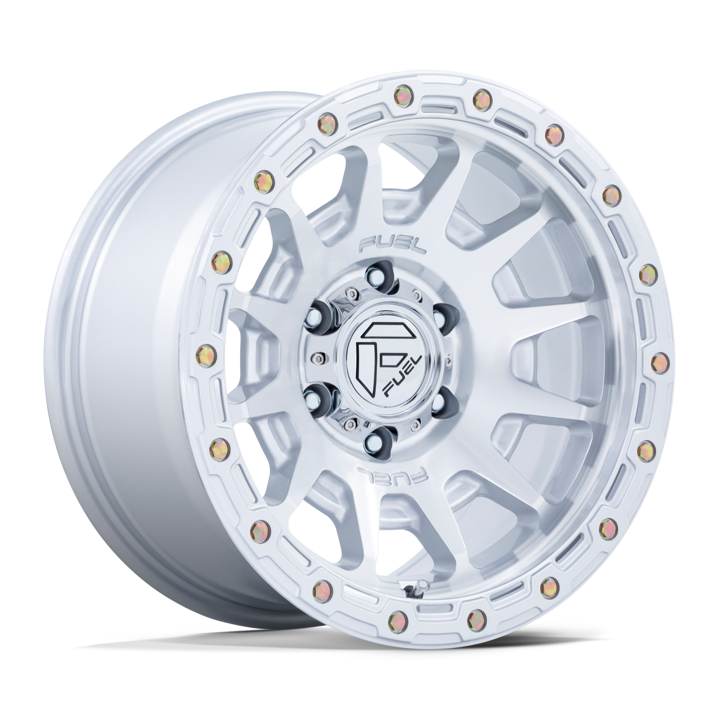 A white Fuel Off-Road alloy wheel designed for a truck or SUV, with a multi-spoke pattern, bolt holes around the rim, and the Fuel logo at the center cap.