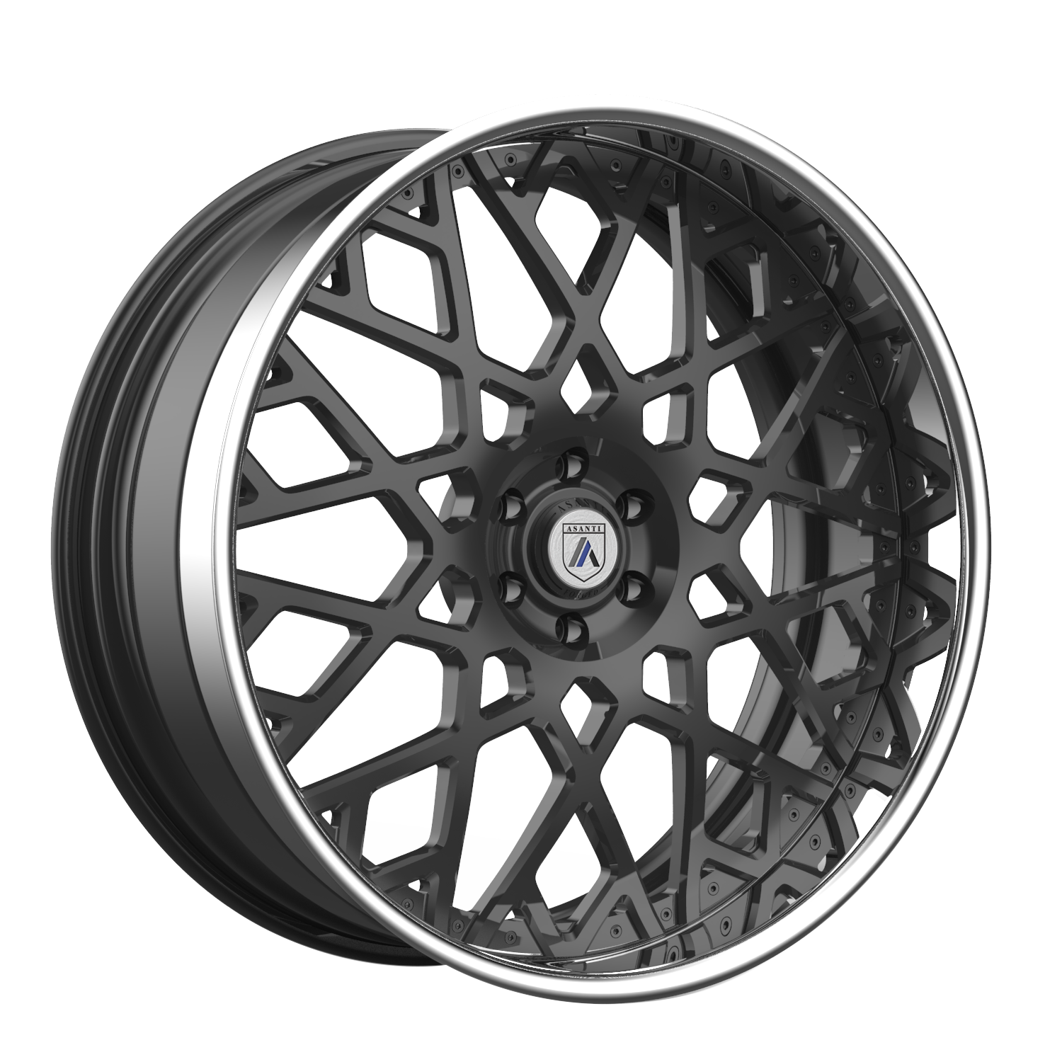 A close-up of a black and silver alloy car wheel with an intricate geometric spoke pattern and a central hub labeled "ASANT".