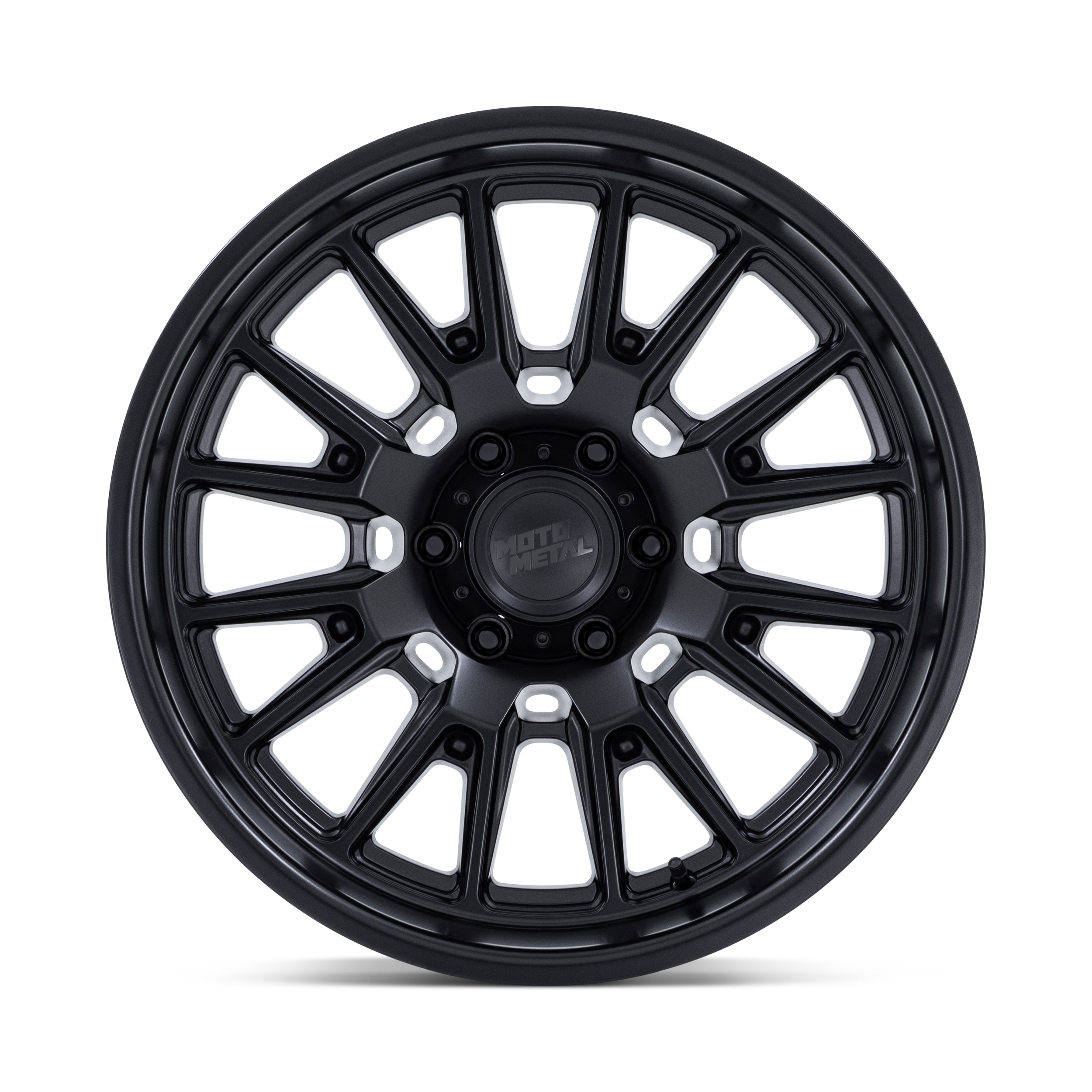 A black, multi-spoke alloy wheel for a vehicle.