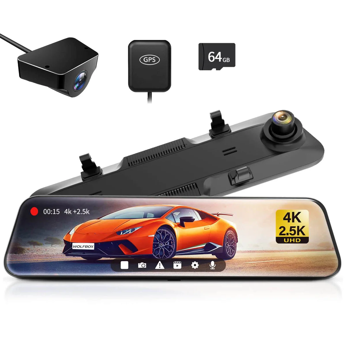 A dash camera system with a wide screen display showing an orange sports car, along with accessories including a camera, GPS module, 64GB memory card, and power cable.