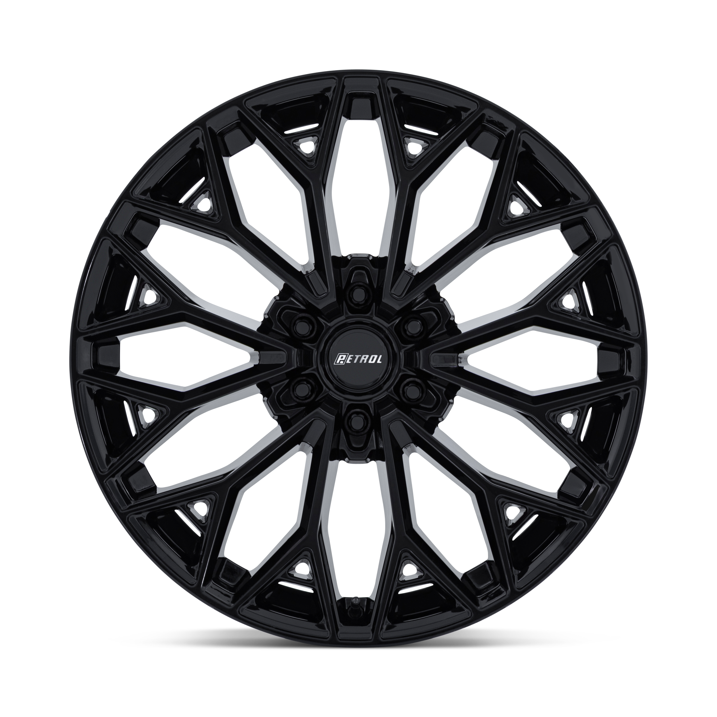 Black car wheel rim with intricate geometric design and the word 'Petrol' in the center.